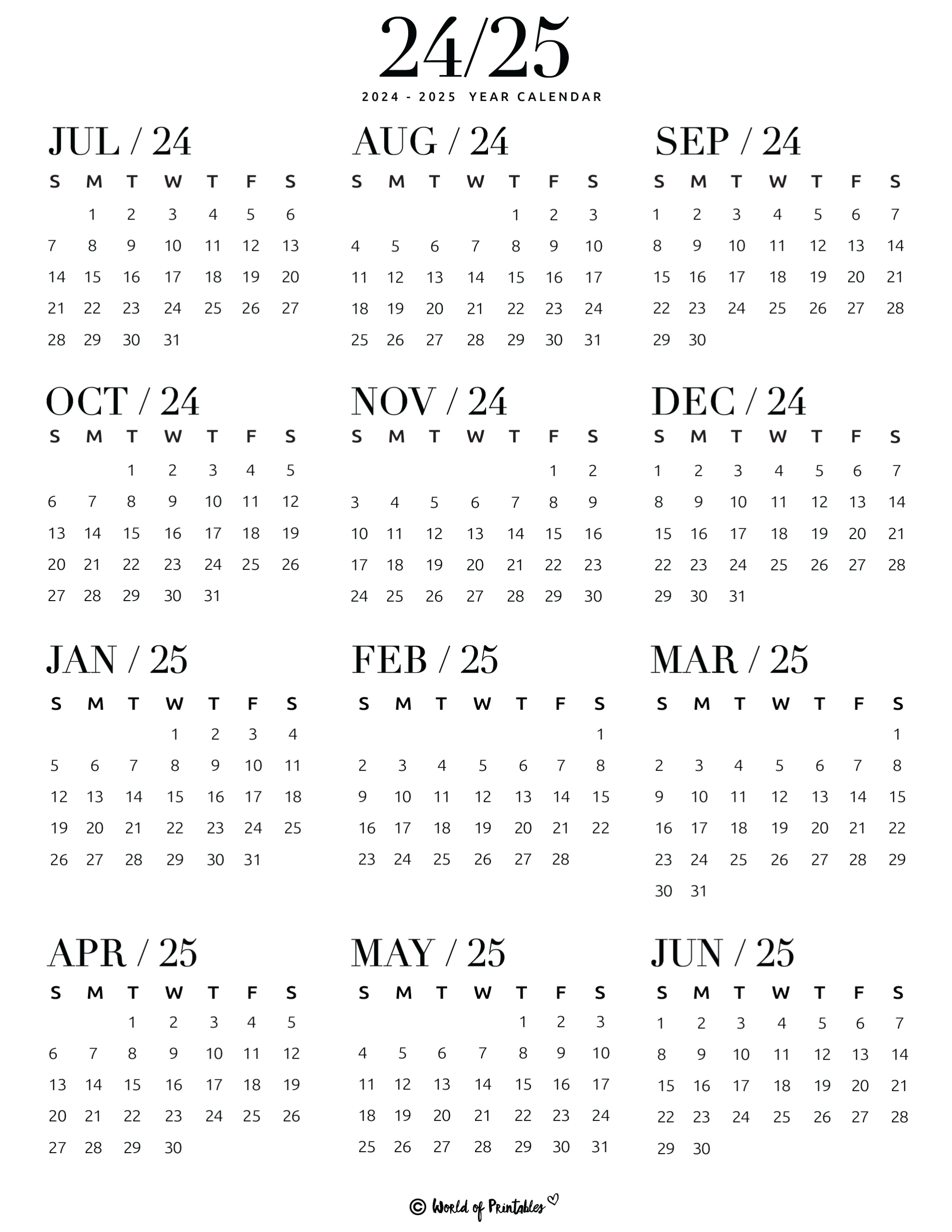 2024 2025 Calendar Free Printables - World Of Printables with regard to Printable 2024 2025 Calendar Printable