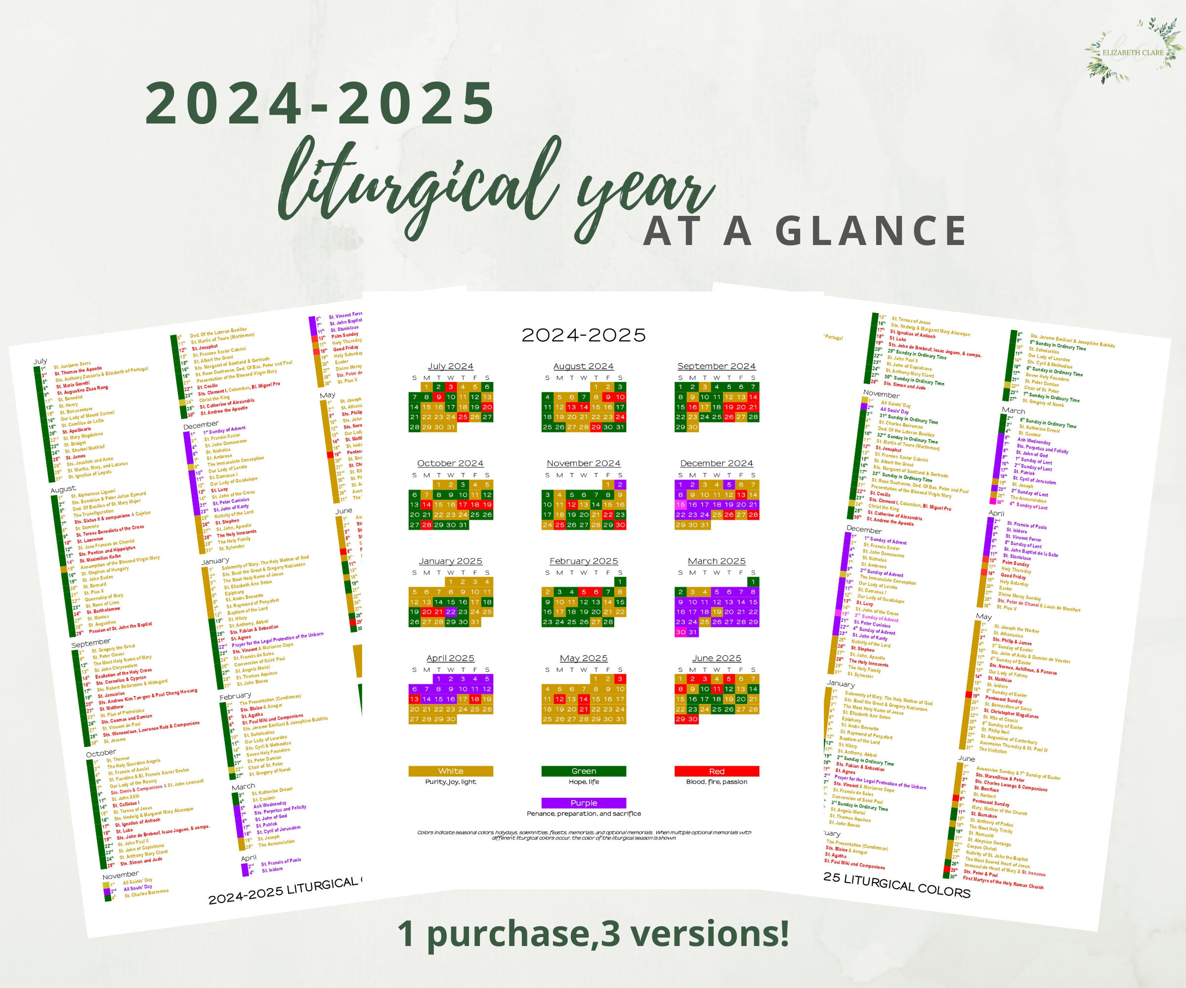 2024-2025 Catholic Liturgical Calendar Year At A Glance regarding Liturgical Color Calendar 2025 Printable