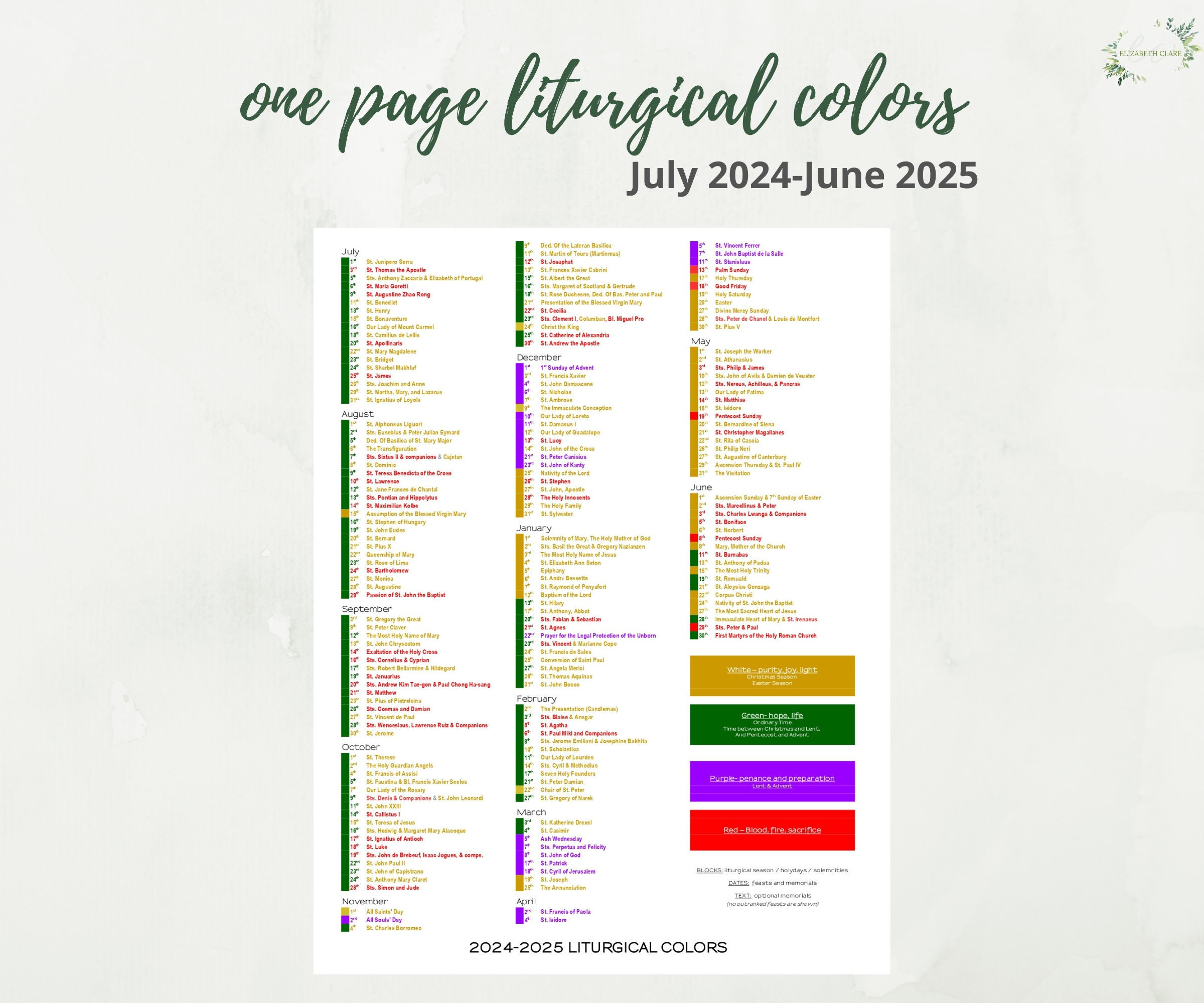 2024-2025 Catholic Liturgical Calendar Year At A Glance with Liturgical Color Calendar 2025 Printable