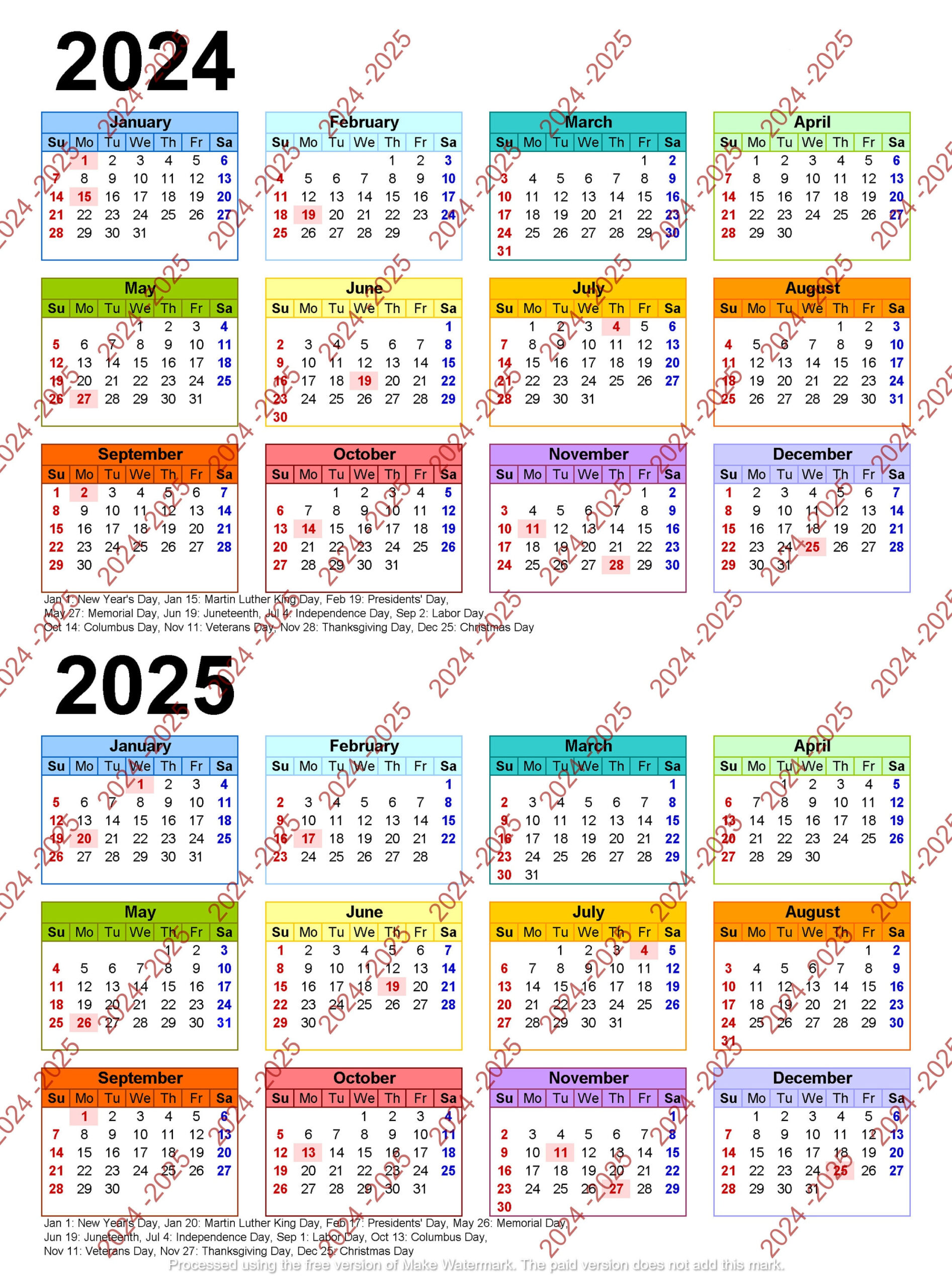 2024-2025 Colorful Calendar Printable, Yearly Calendar, 12-Months for 2024 2025 Calendar Printable