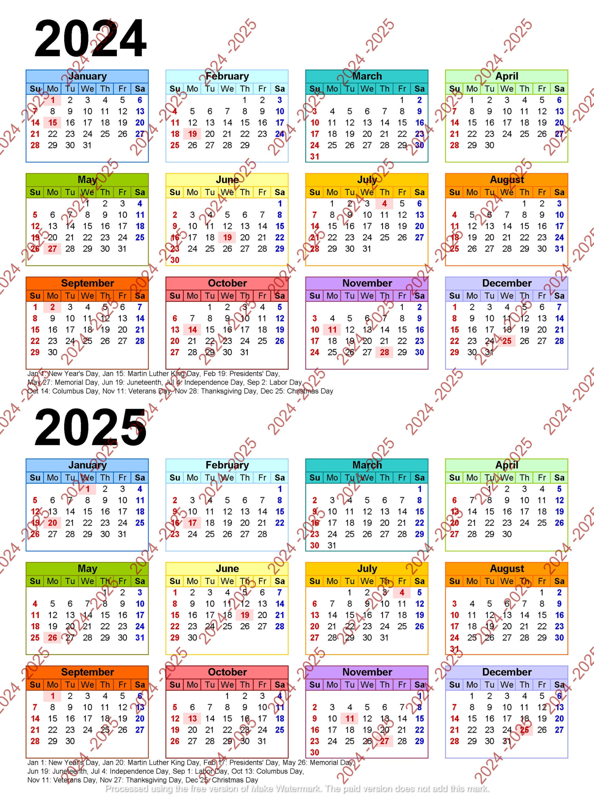 2024-2025 Colorful Calendar Printable, Yearly Calendar, 12-Months intended for Calendar 2024 2025 Printable