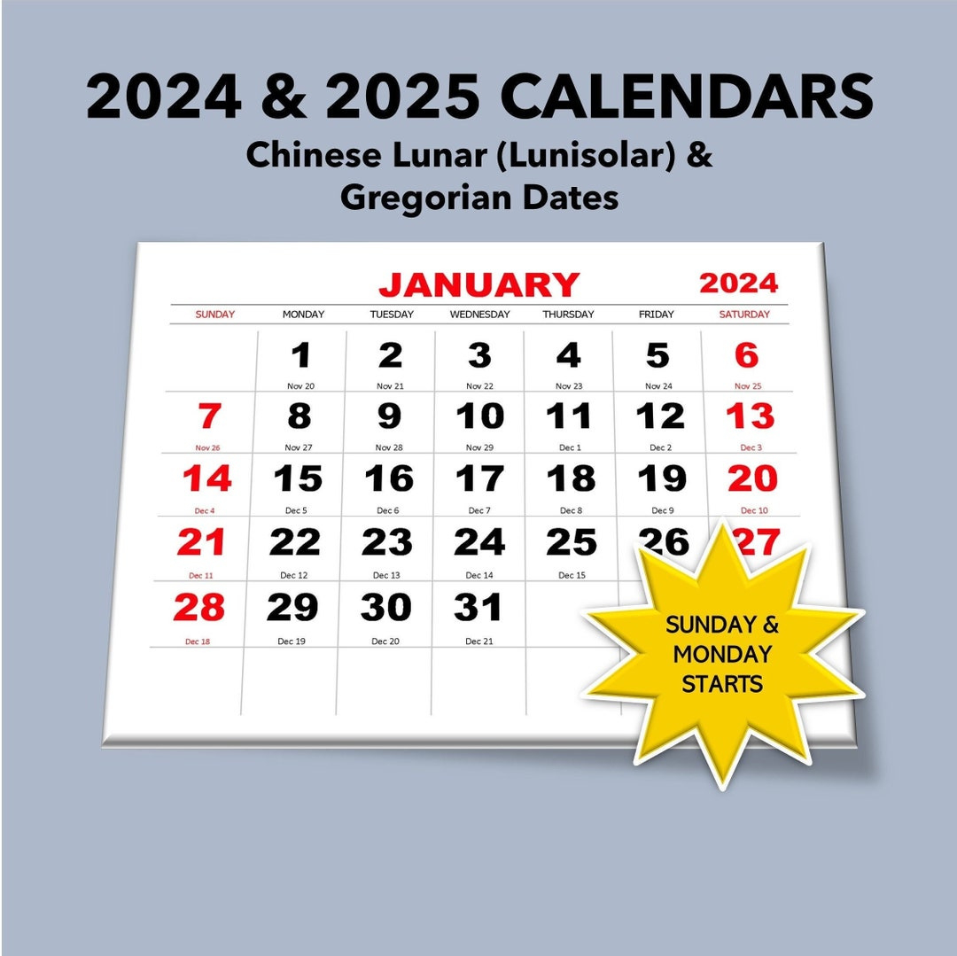 2024 2025 Monthly Calendar, Chinese Lunar &amp;amp; Gregorian Dates, Lunisolar, Printable, Pdf, Digital, Chinese New Year, Dragon Boat, Mid-Autumn - Etsy Hong for Printable Chinese Calendar 2025