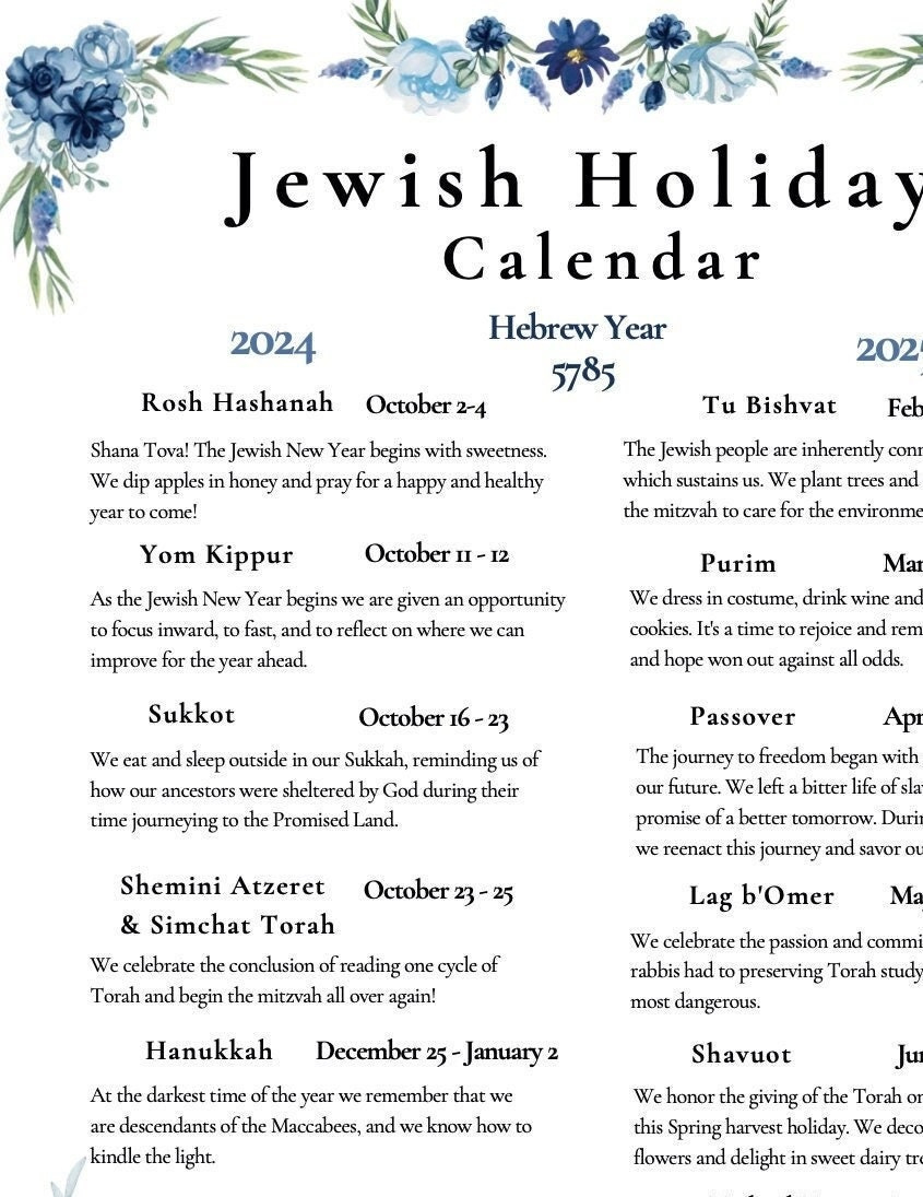 2024-2025 New Jewish Holiday Calendar Hebrew Calendar 5785 Rosh inside 2025 Calendar With Jewish Holidays Printable