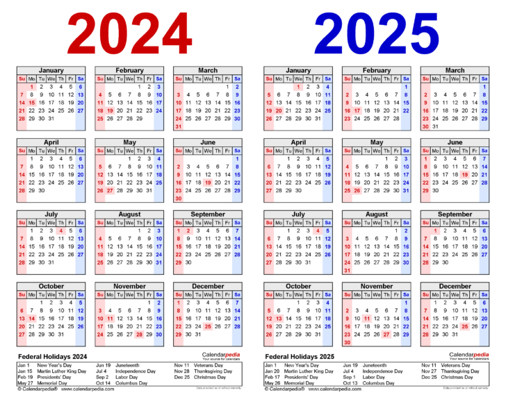 2024 and 2025 Calendar with Holidays Printable