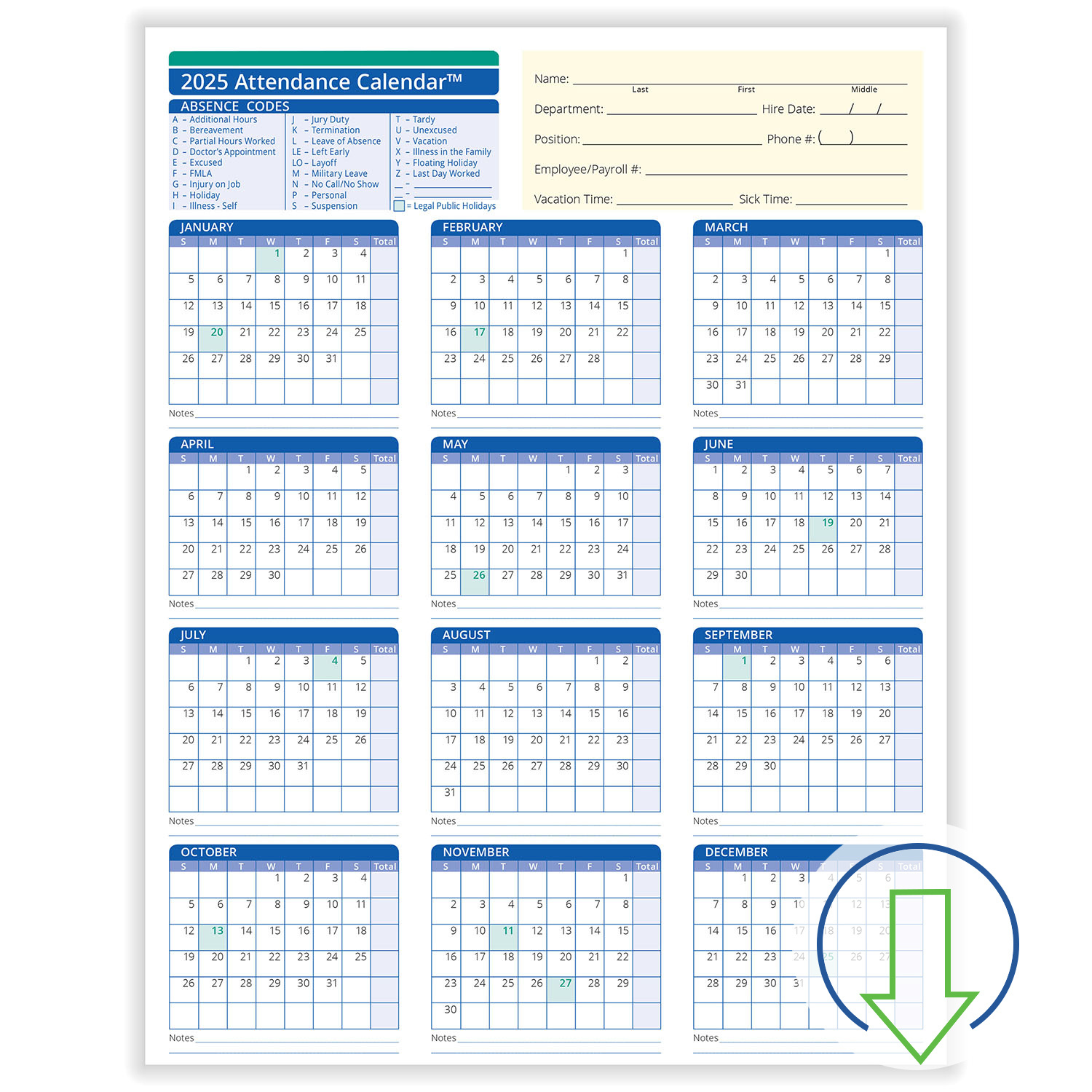 2024 Downloadable Employee Attendance Calendar | Hrdirect for 2025 Attendance Calendar Printable Free