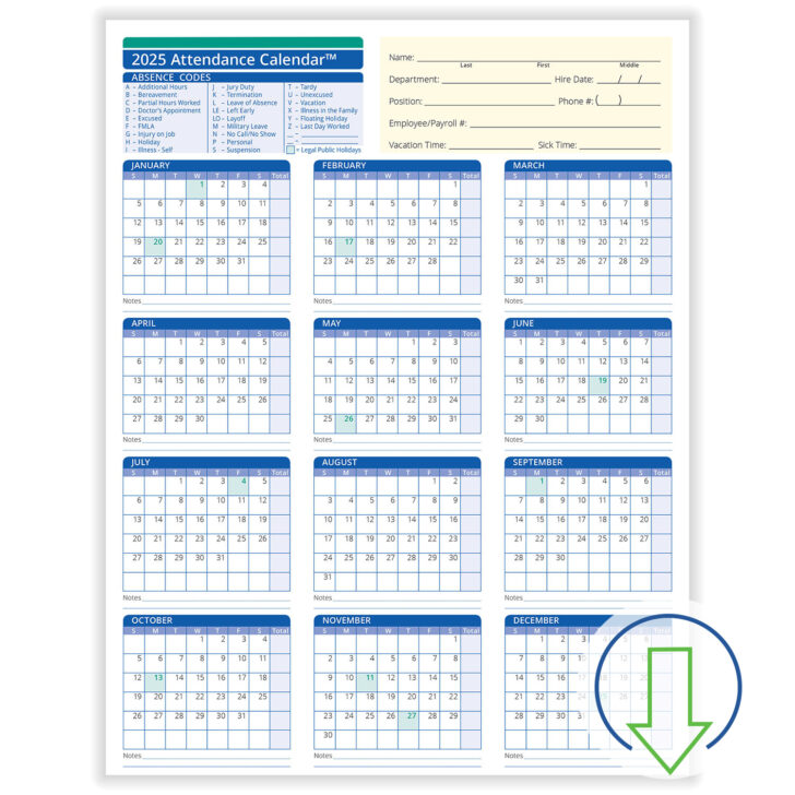 2025 Employee Attendance Calendar Printable Free