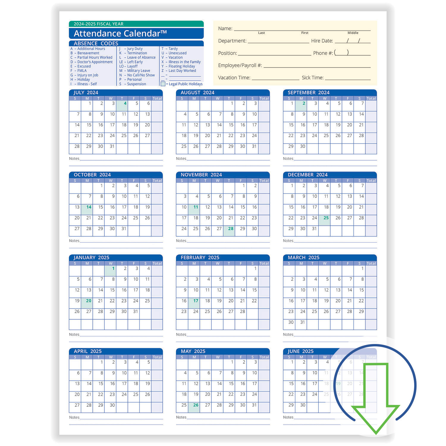 2024 Downloadable Fiscal Year Employee Attendance Calendar | Hrdirect for Free Printable 2025 Employee Attendance Calendar Free Download