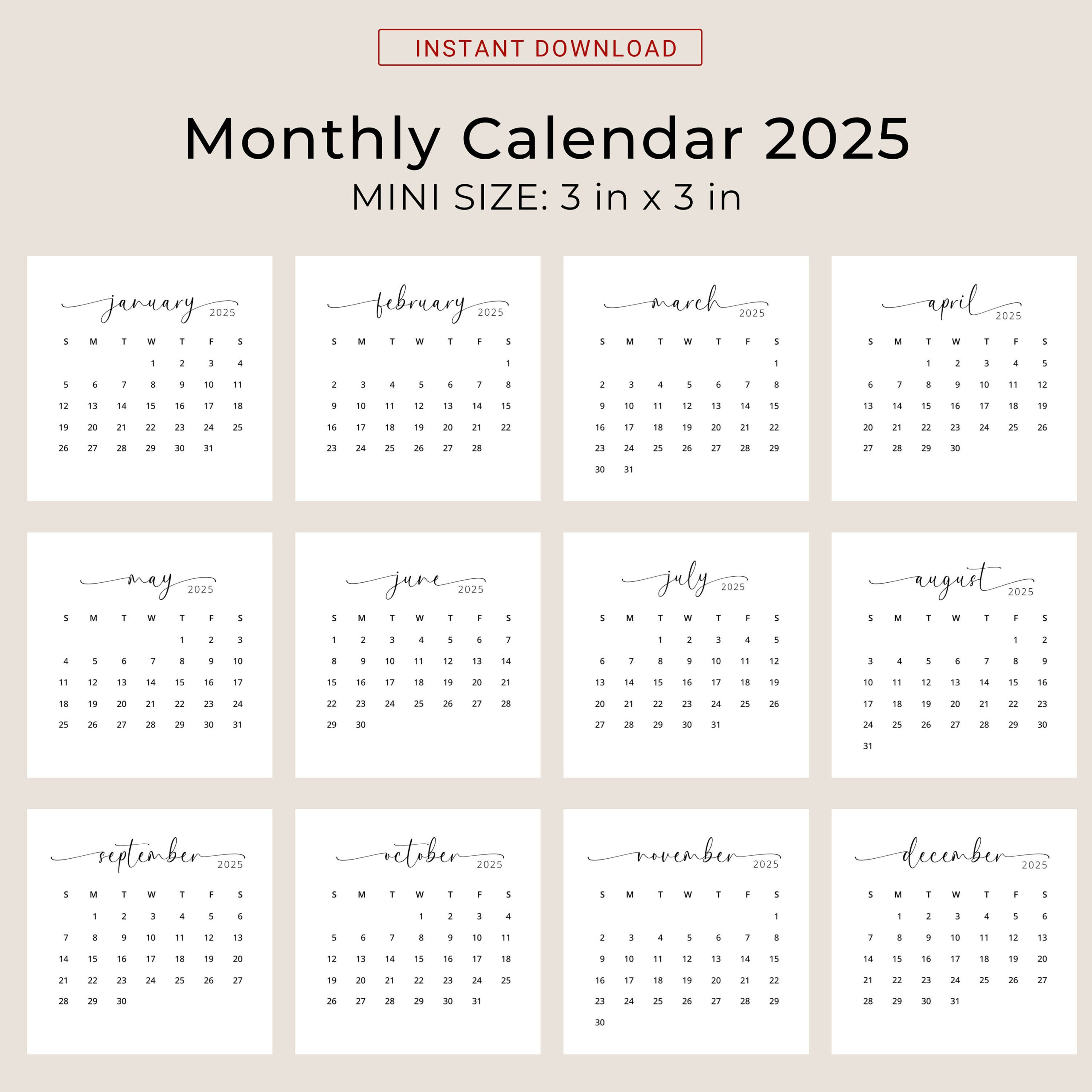 2025 3X3 Mini Calendar 2025 Calendar Card 2025 Pocket Calendar Elegant Printable Calendar Mini 3X3 Inch Calendar Pdf Sunday &amp;amp; Monday Start in Mini Calendar 2025 Printable