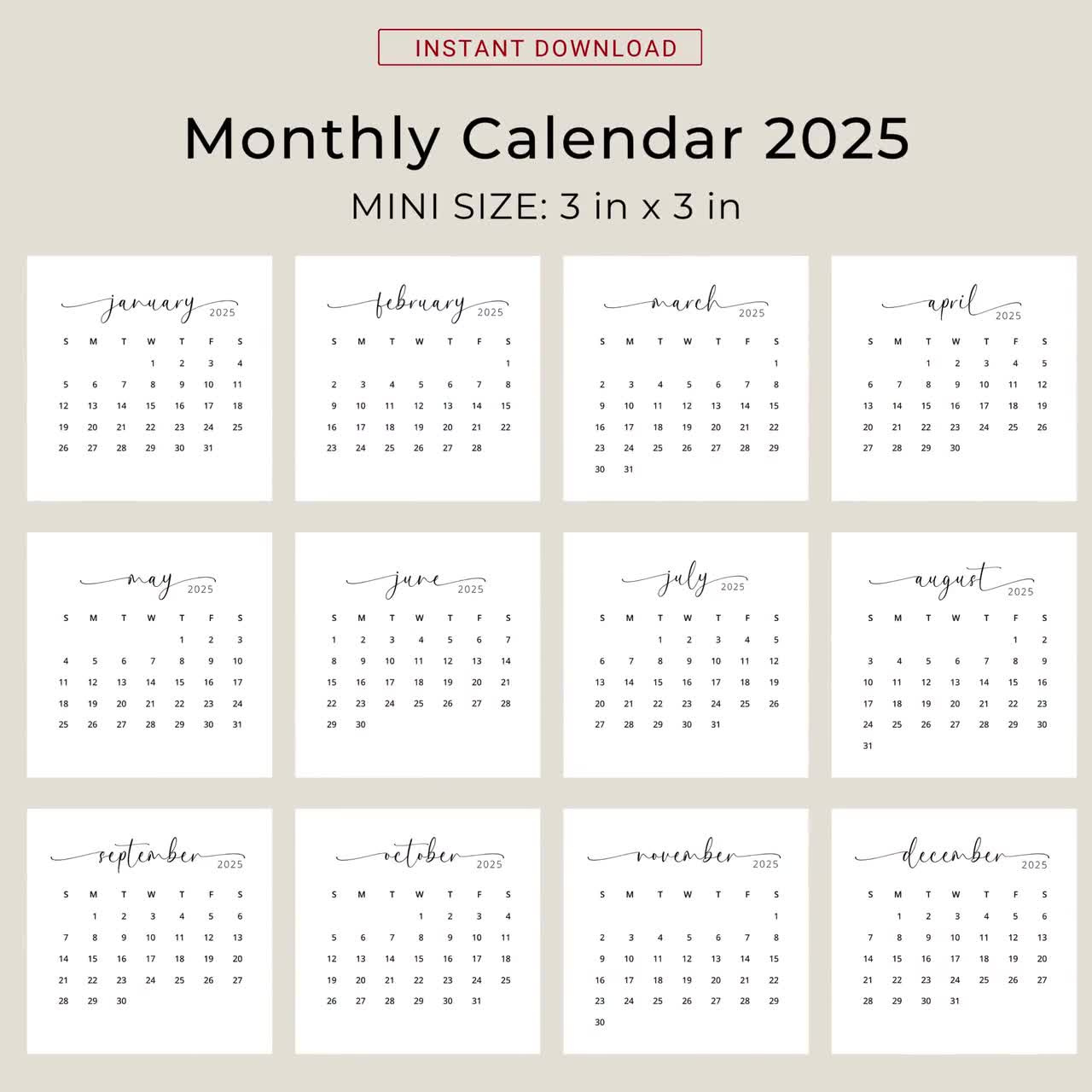 2025 3X3 Mini Calendar 2025 Calendar Card 2025 Pocket Calendar Elegant Printable Calendar Mini 3X3 Inch Calendar Pdf Sunday &amp;amp; Monday Start in Printable Pocket Calendar 2025