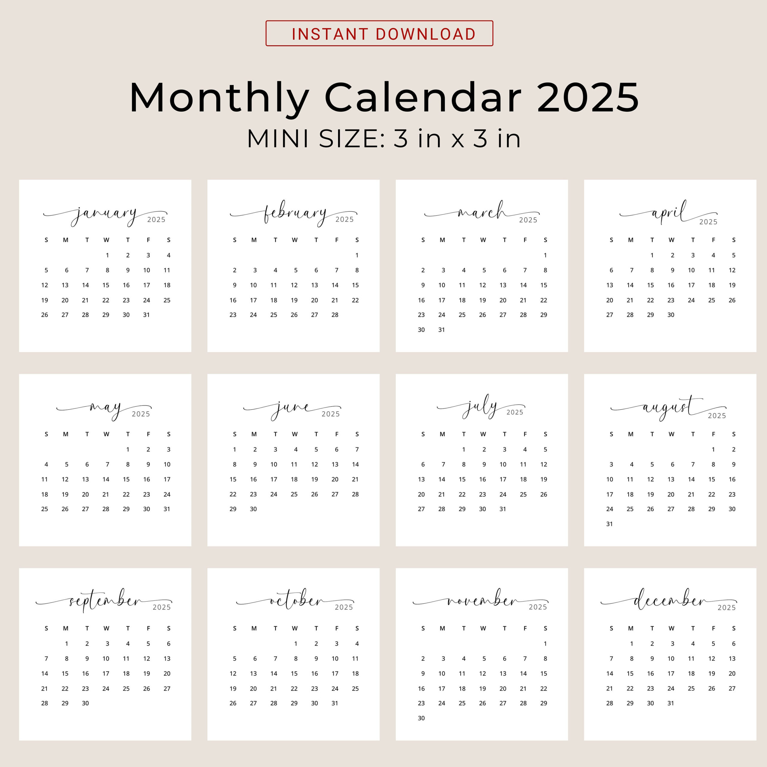 2025 3X3 Mini Calendar 2025 Calendar Card 2025 Pocket Calendar Elegant Printable Calendar Mini 3X3 Inch Calendar Pdf Sunday &amp;amp; Monday Start inside 2025 Small Calendar Printable