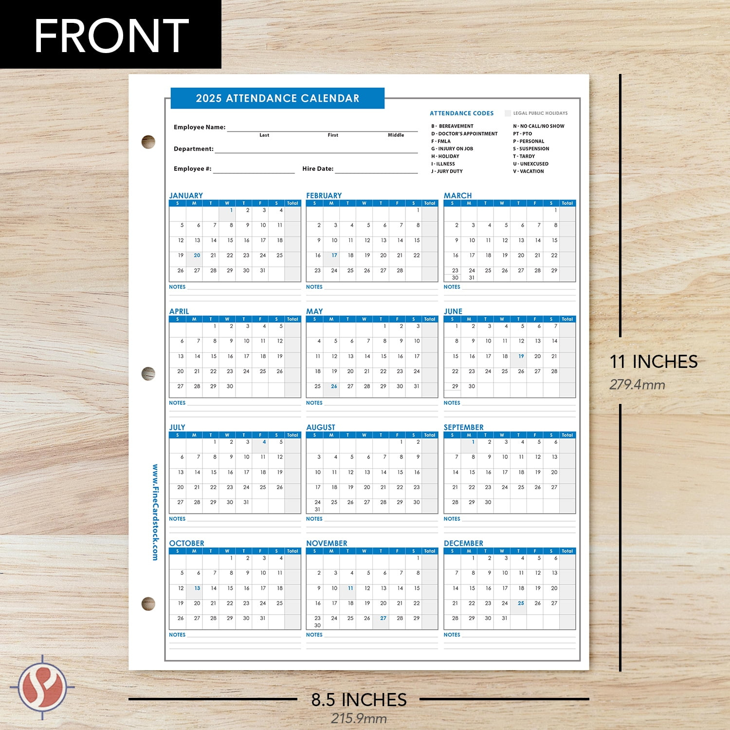 2025 Attendance Calendar Card Stock Paper – Great Employee Work Tracker | Printed On Durable And Thick 80Lb (216Gsm) Cardstock | 8 ½ X 11 | 25 Sheets for 2025 Attendance Calendar Printable