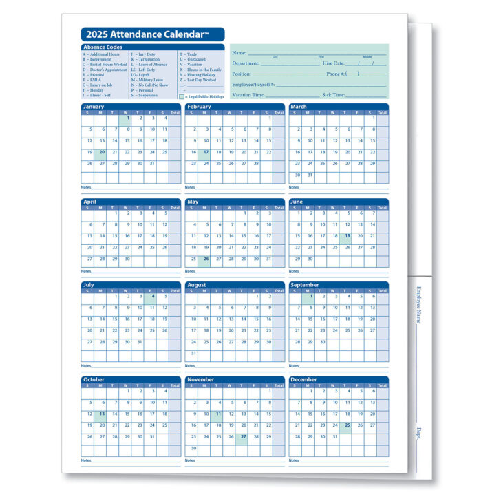 Employee Attendance Calendar 2025 Printable