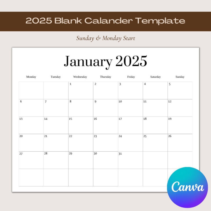 Blank Printable Monthly Calendar 2025