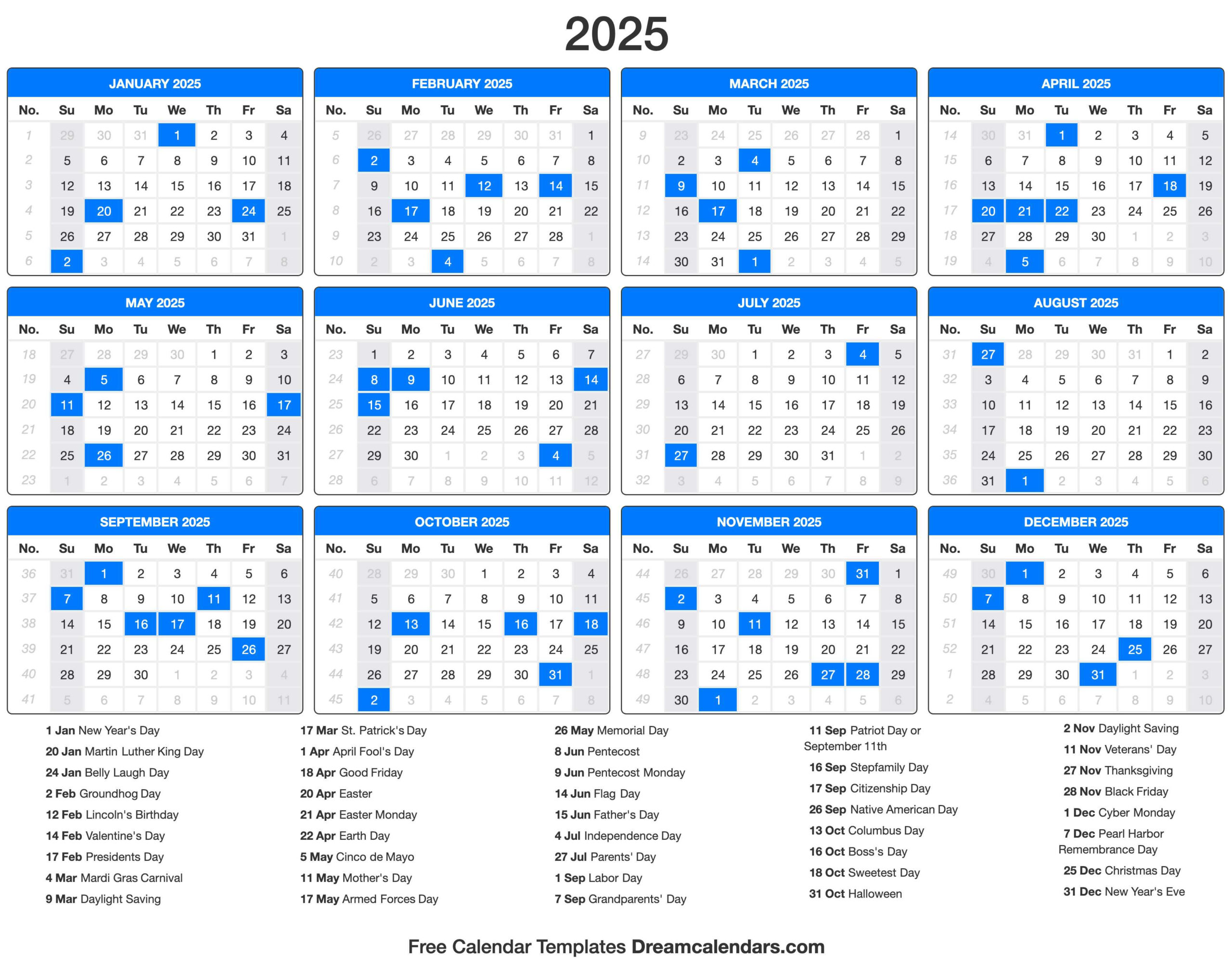 2025 Calendar for Calendar 2025 With Holidays Printable