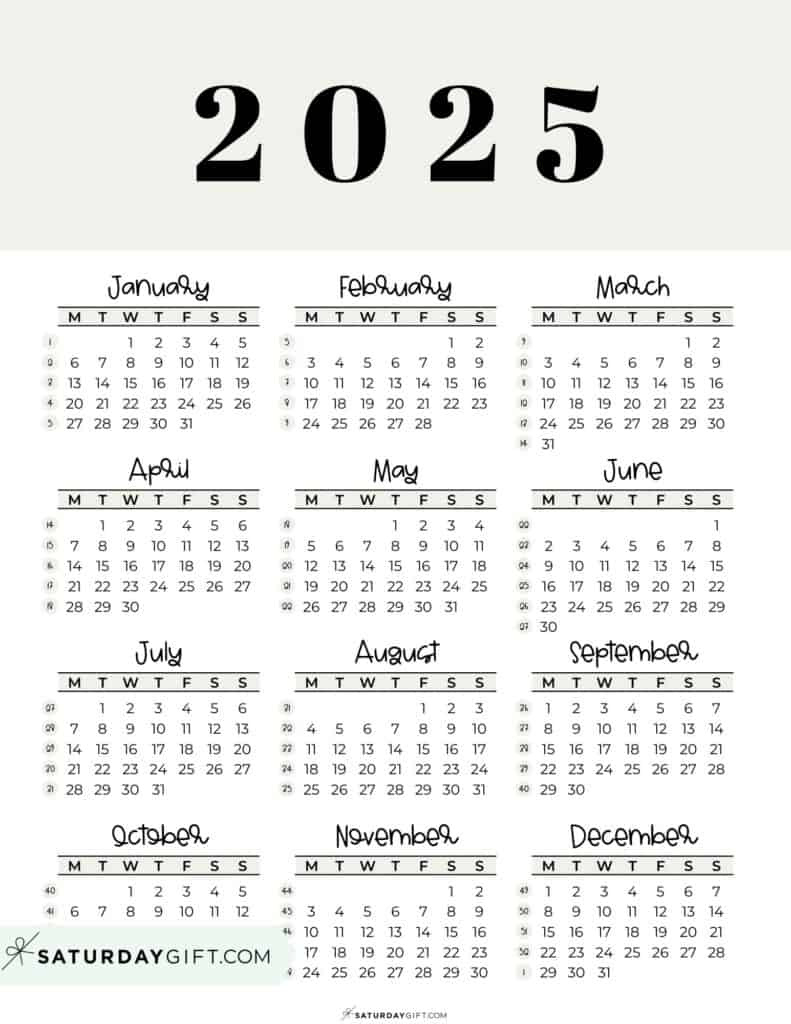 2025 Calendar Printable - 18 Cute &amp;amp; Free 2025 Yearly Calendar pertaining to Free Printable 2025 Calendar Monday Start