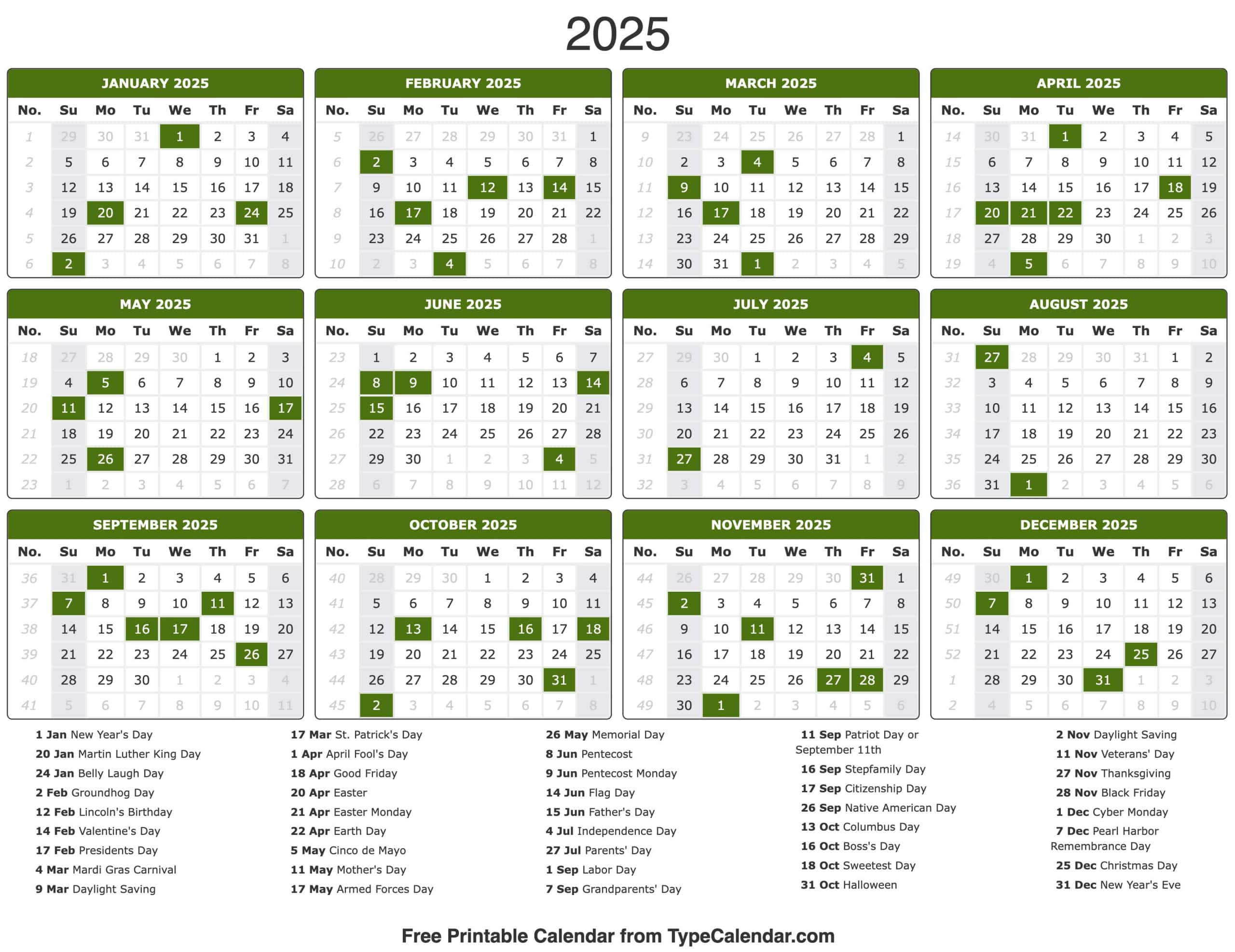 2025 Calendar - Printable Calendar 2025 With Holidays for 2024 Calendar 2025 Printable with Holidays