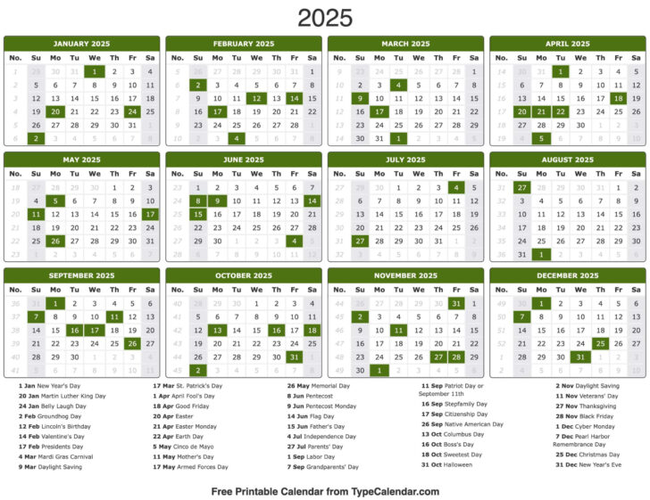 2025 Work Calendar Printable