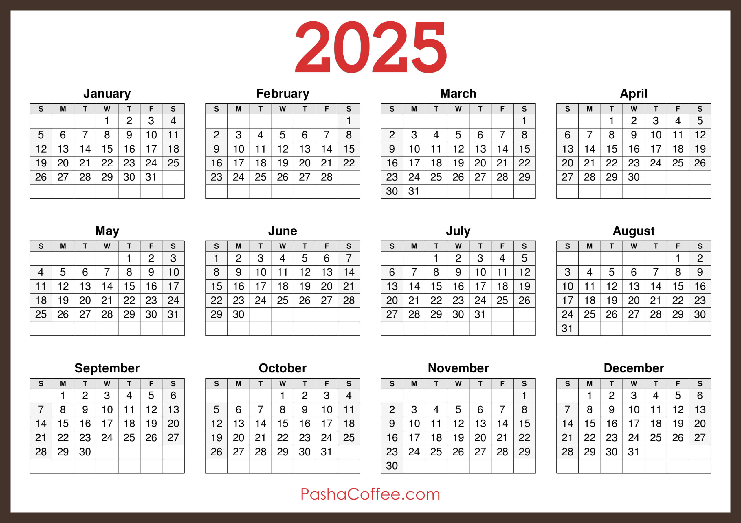 2025 Calendar Printable Free, Horizontal, Brown – Pashacoffee with 2025 Calendar 8 5 X 11 Printable Free