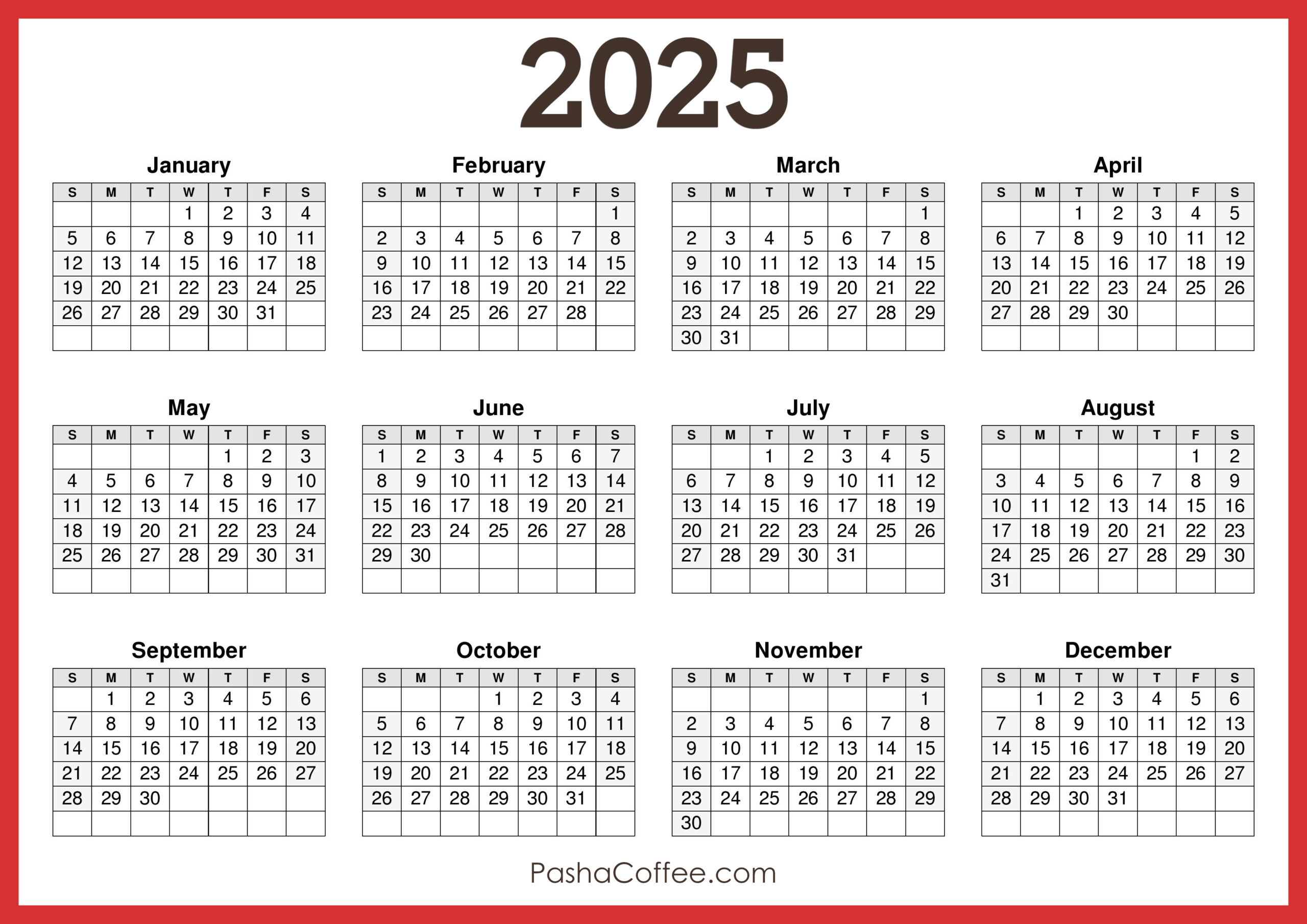 2025 Calendar Printable Free, Horizontal, Red – Pashacoffee with Horizontal 2025 Calendar Printable