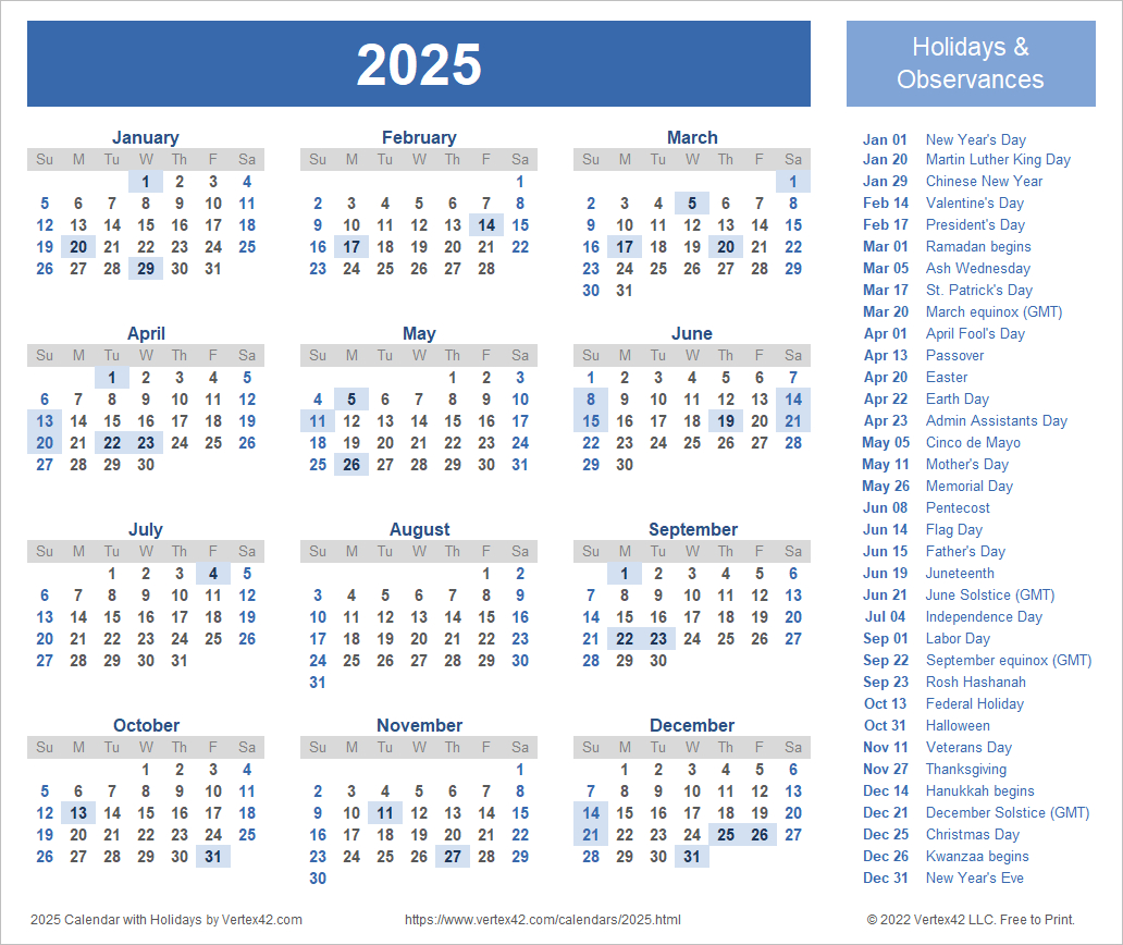 2025 Calendar Templates And Images for Printable 2025 Calendar by Month with Holidays