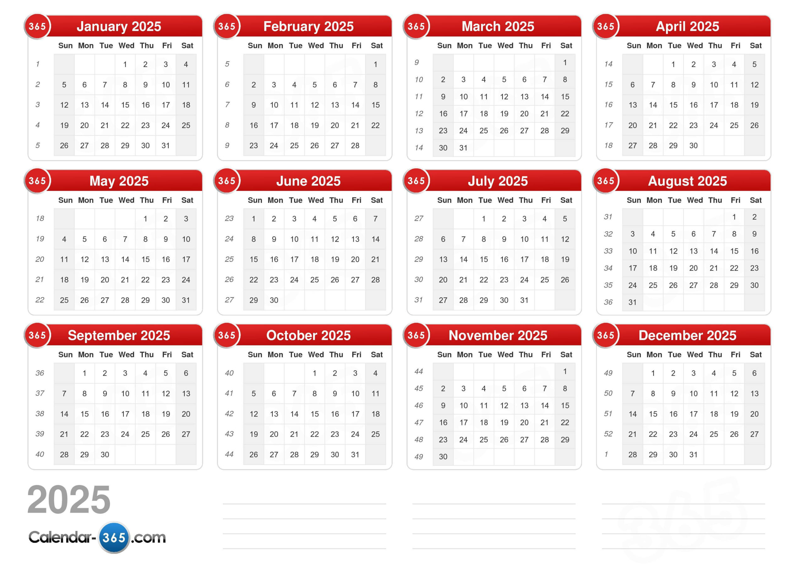 2025 Calendar throughout Printable Calendar 2025 With Week Numbers