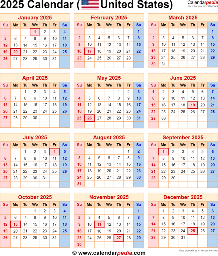 Printable 2025 Calendar with Holidays USA