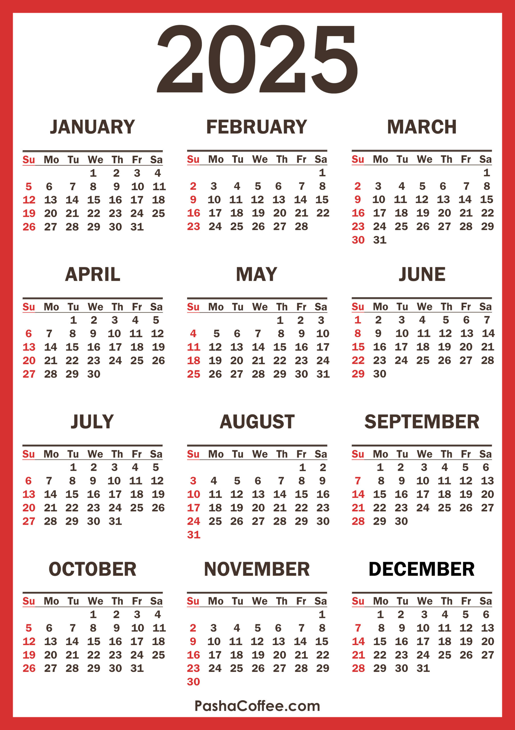 2025 Calendar With Holidays, Printable Free, Vertical, Red for 2025 Printable Calendar with Holidays Free Download