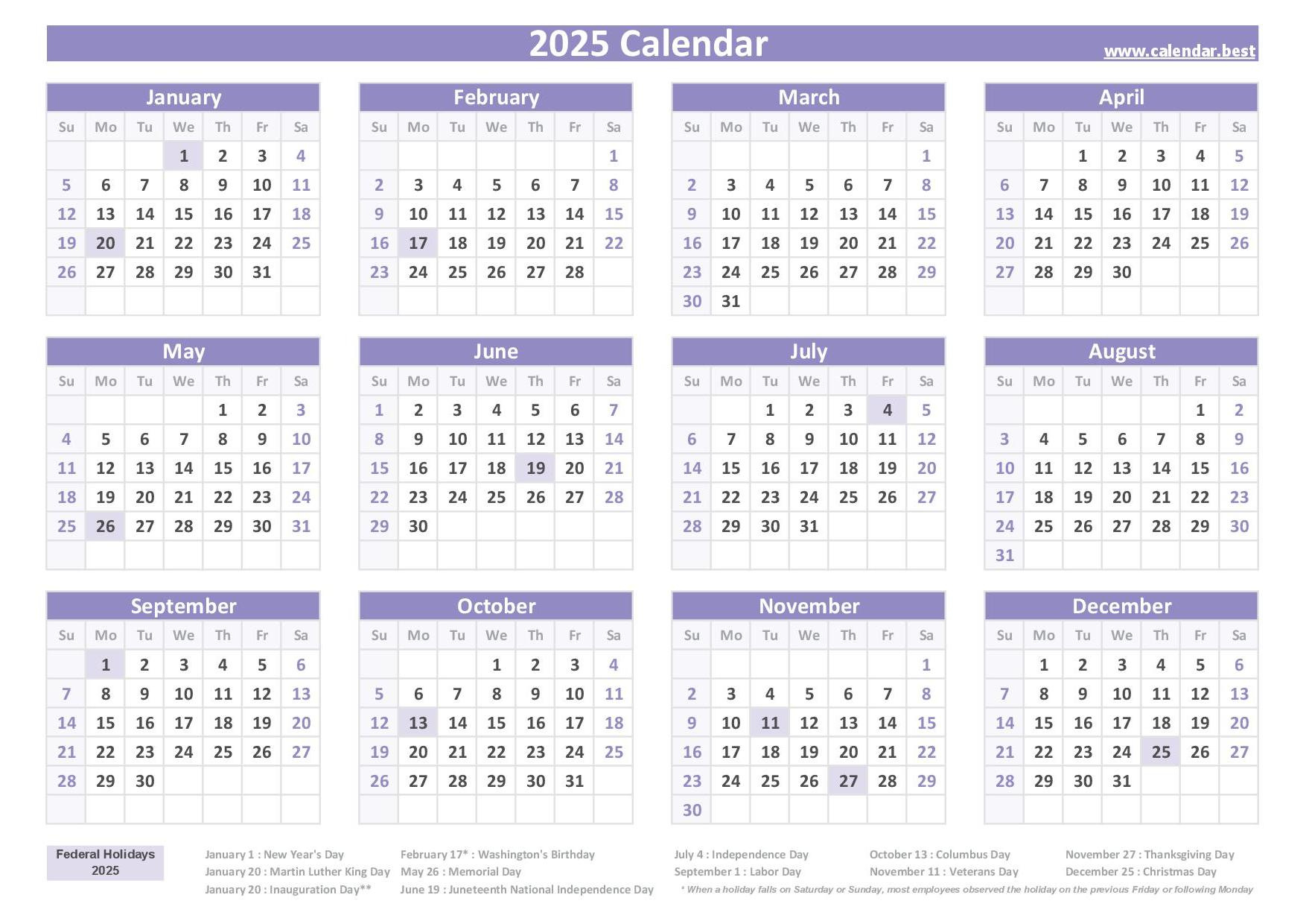 2025 Calendar With Holidays (Us Federal Holidays) for 2025 Calendar Free Printable With Holidays