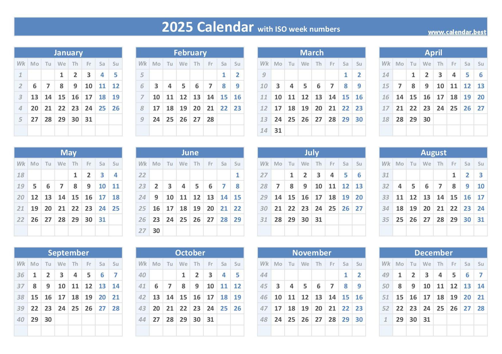 2025 Calendar With Week Numbers (Us And Iso Week Numbers) for Printable 2025 Calendar With Week Numbers