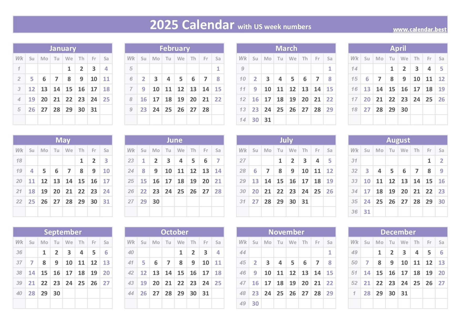 2025 Calendar With Week Numbers (Us And Iso Week Numbers) in 2025 Weekly Calendar Printable
