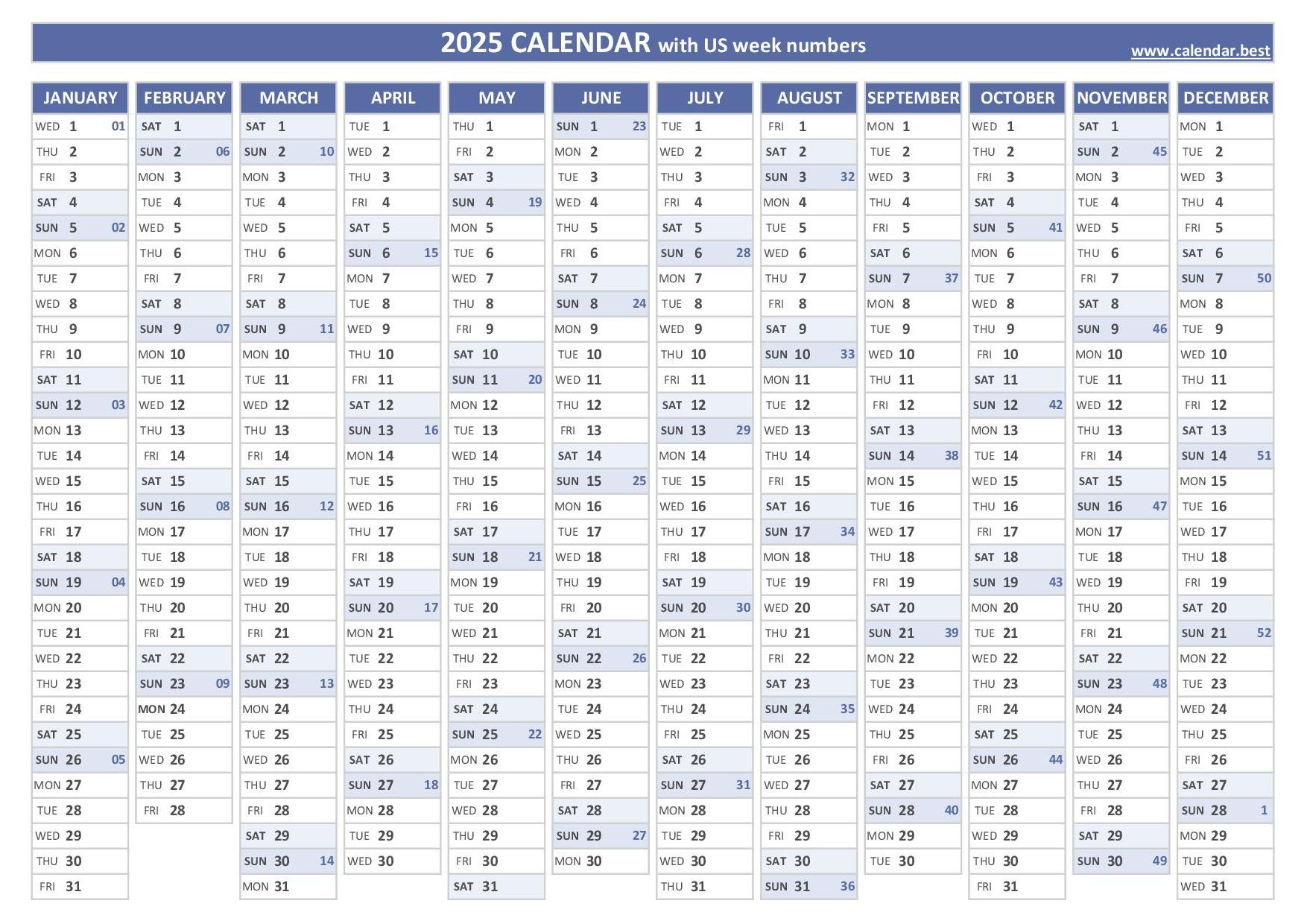 2025 Calendar With Week Numbers (Us And Iso Week Numbers) in Printable Calendar with Week Numbers 2025