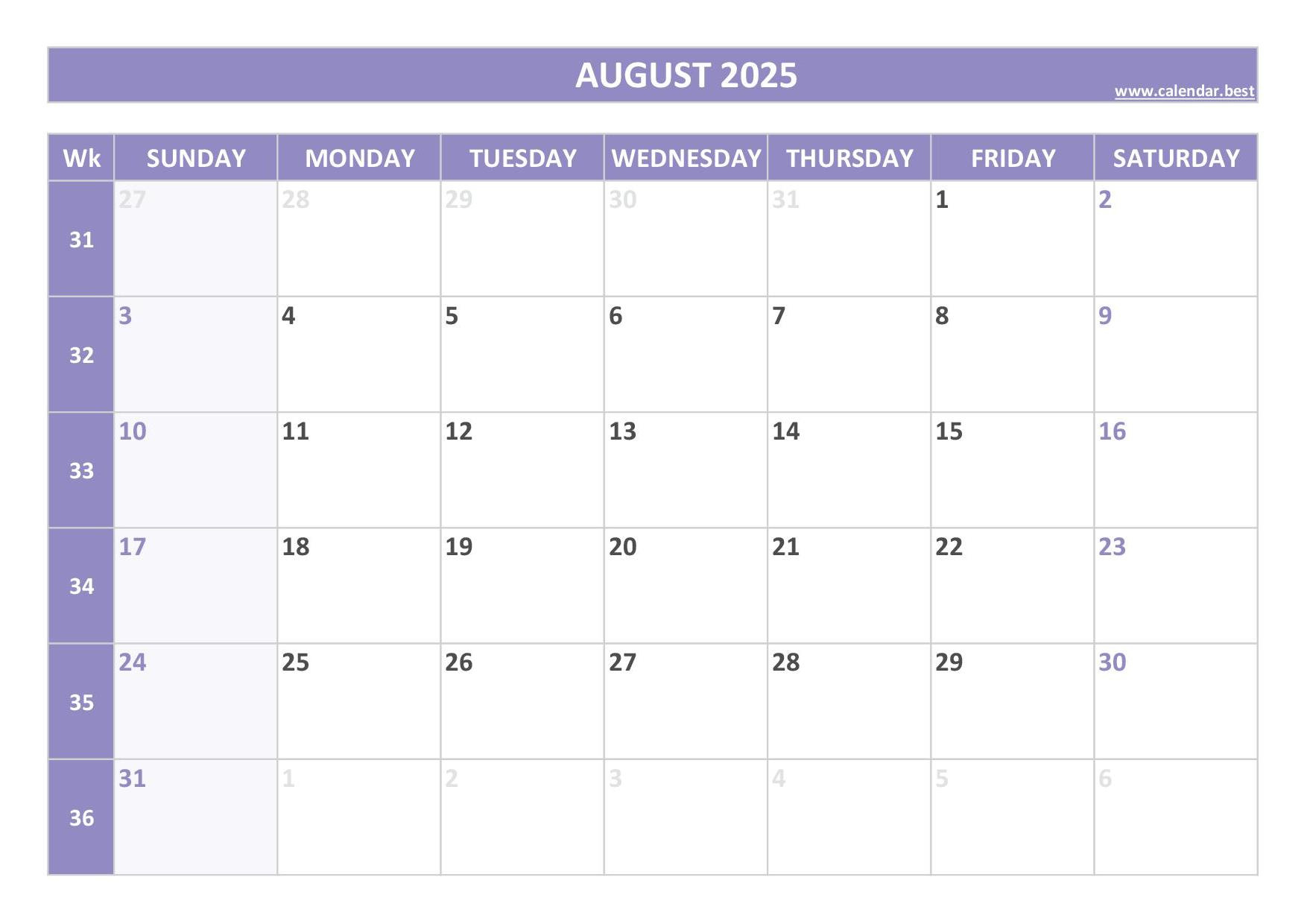 2025 Calendar With Week Numbers (Us And Iso Week Numbers) inside Blank August 2025 Calendar Printable