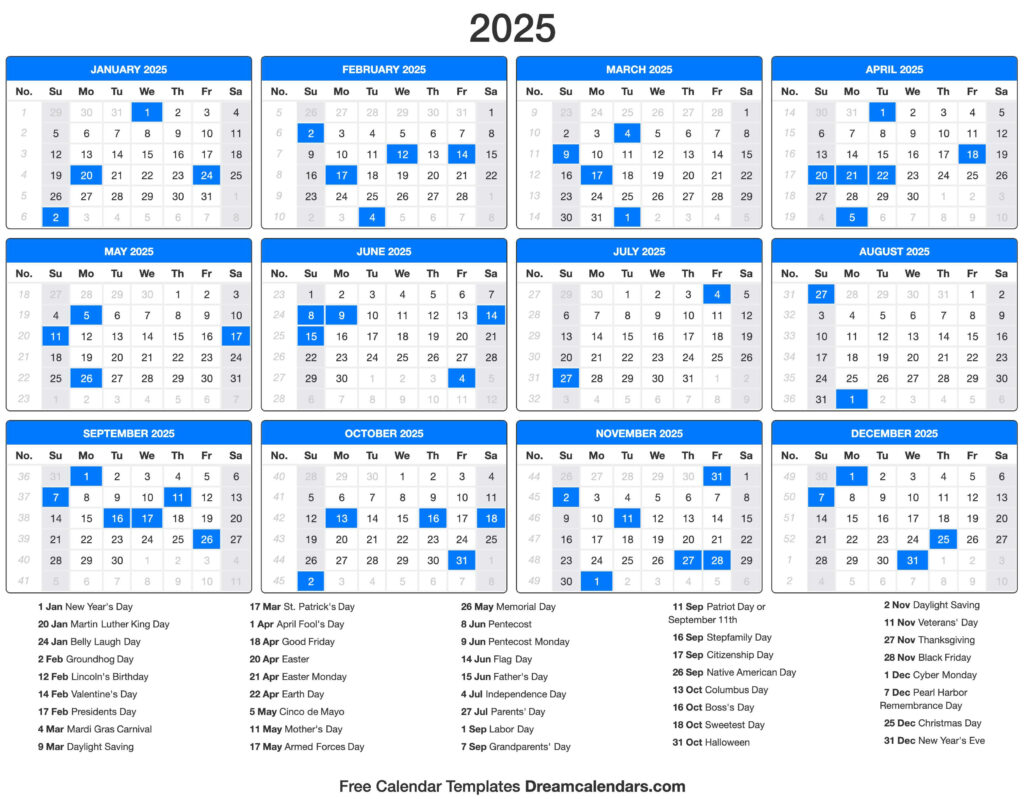 Free Printable 2025 Yearly Calendar with Holidays Calendar 2025