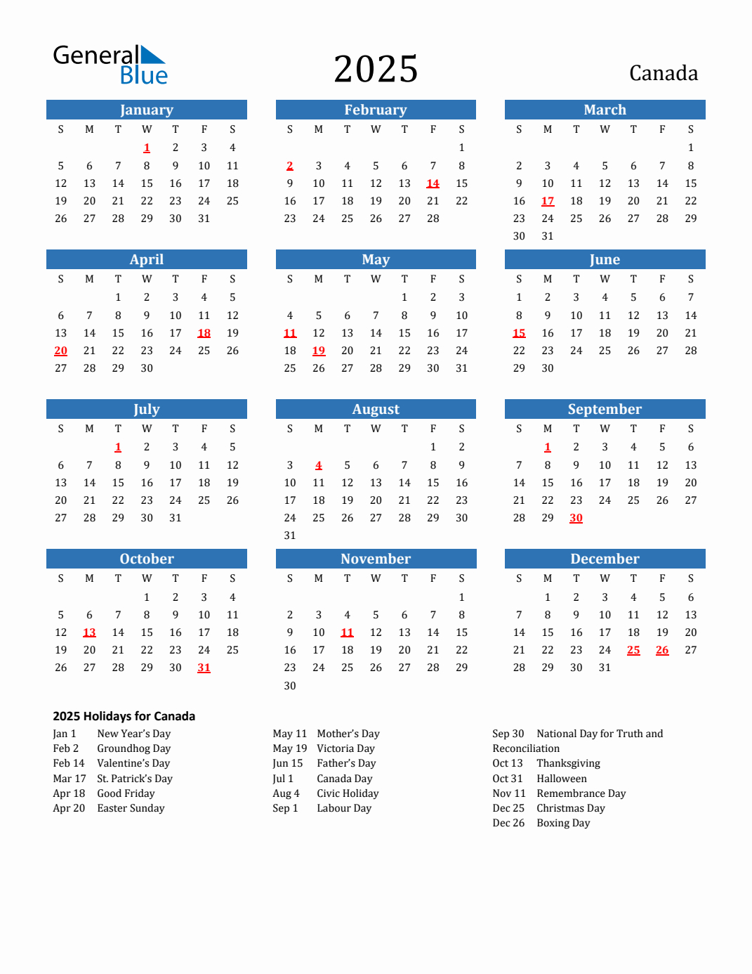 2025 Canada Calendar With Holidays in Printable Calendar 2025 Canada