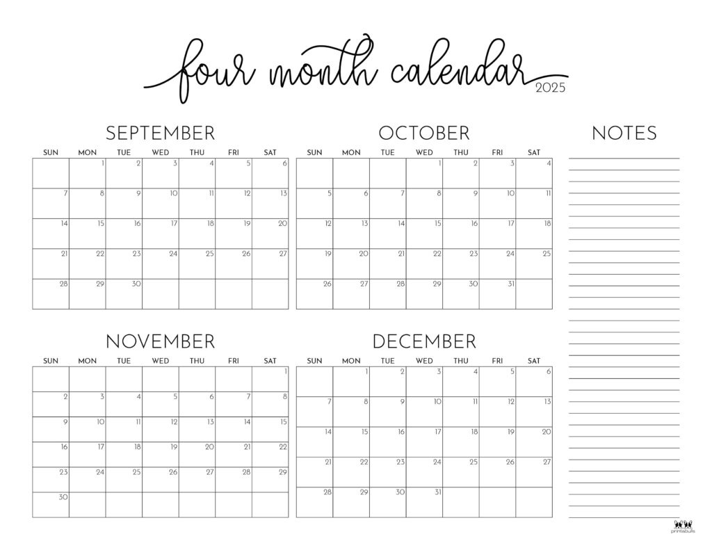 2025 Four Month Calendars - 31 Free Printables | Printabulls pertaining to 4 Month Calendar Printable 2025