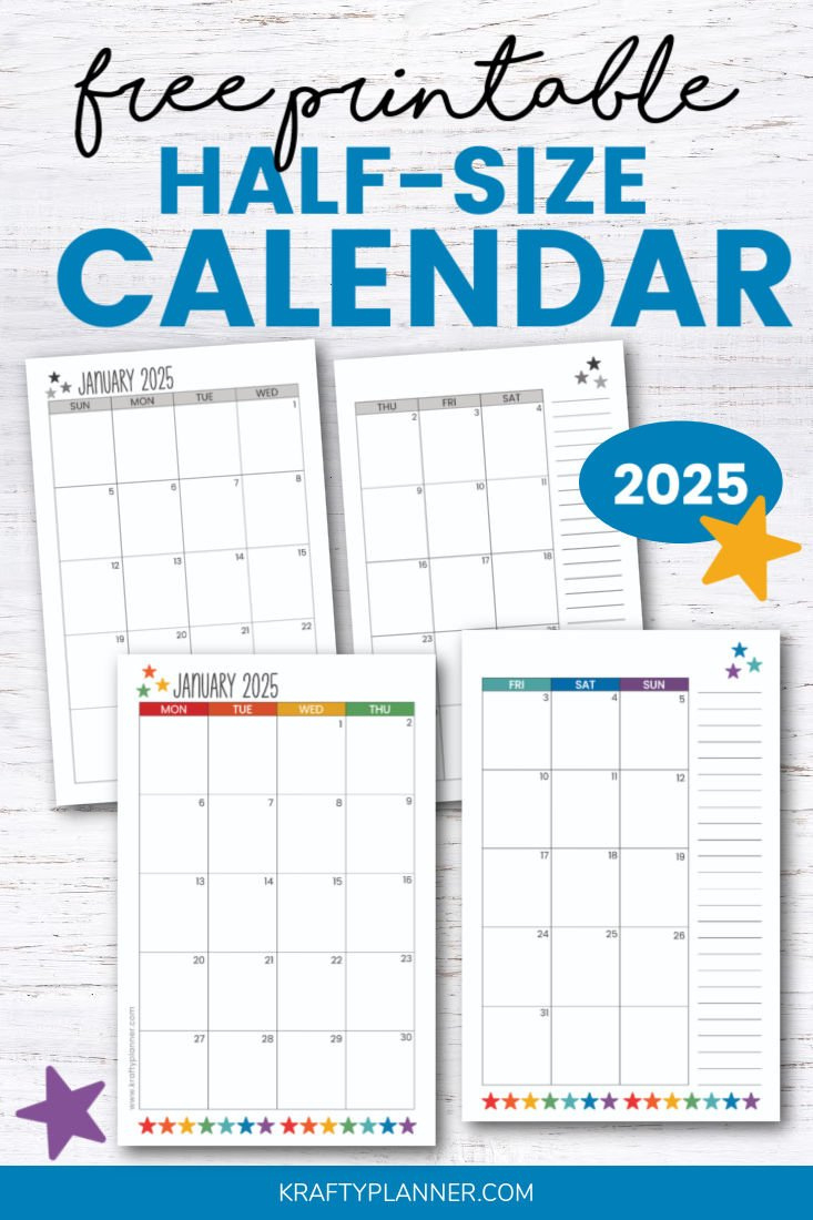 2025 Half Size Calendar - Free Printable — Krafty Planner in Half Page Calendar Printable 2025