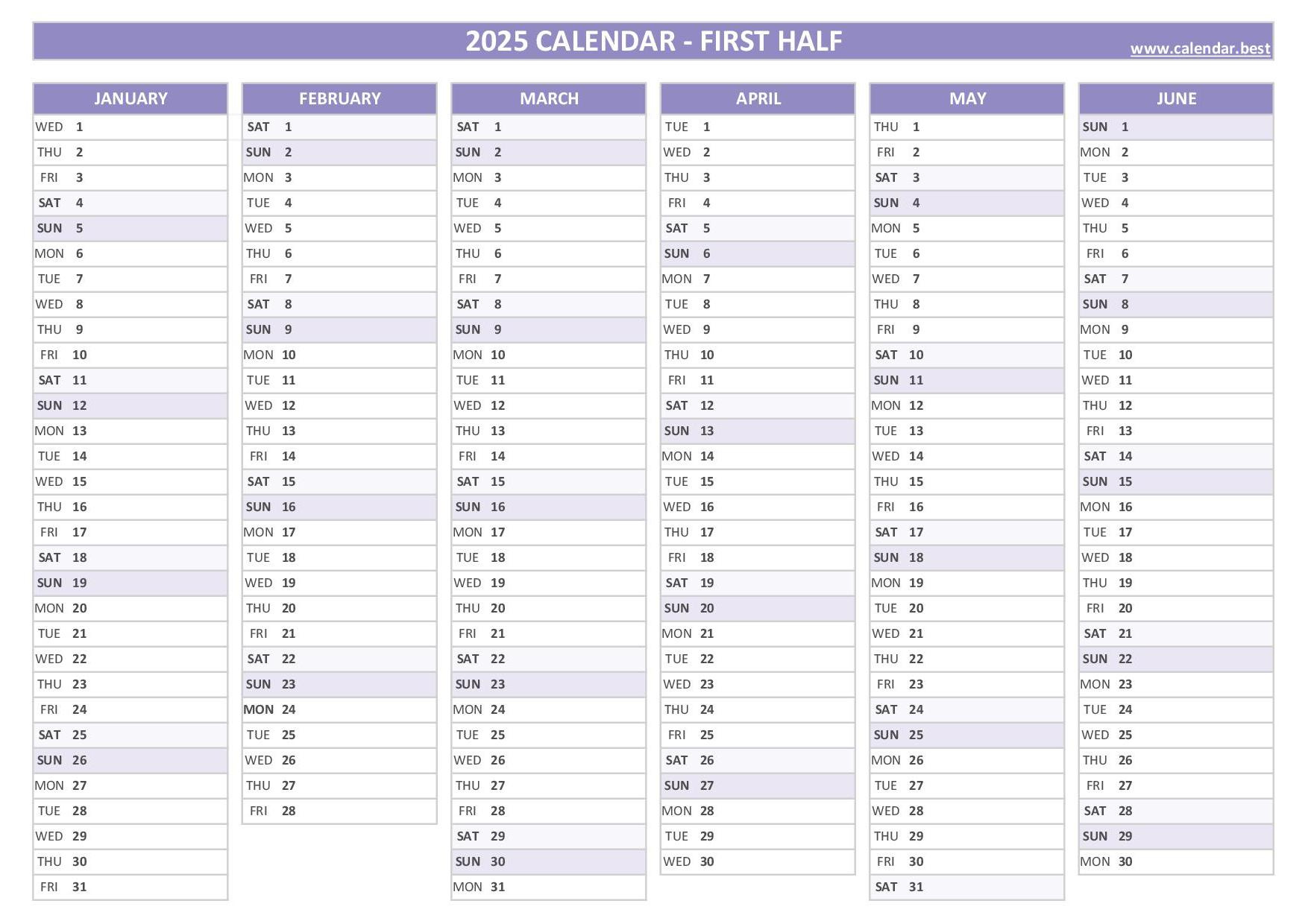 2025 Half Year Calendar To Print in 6 Month Calendar 2025 Printable