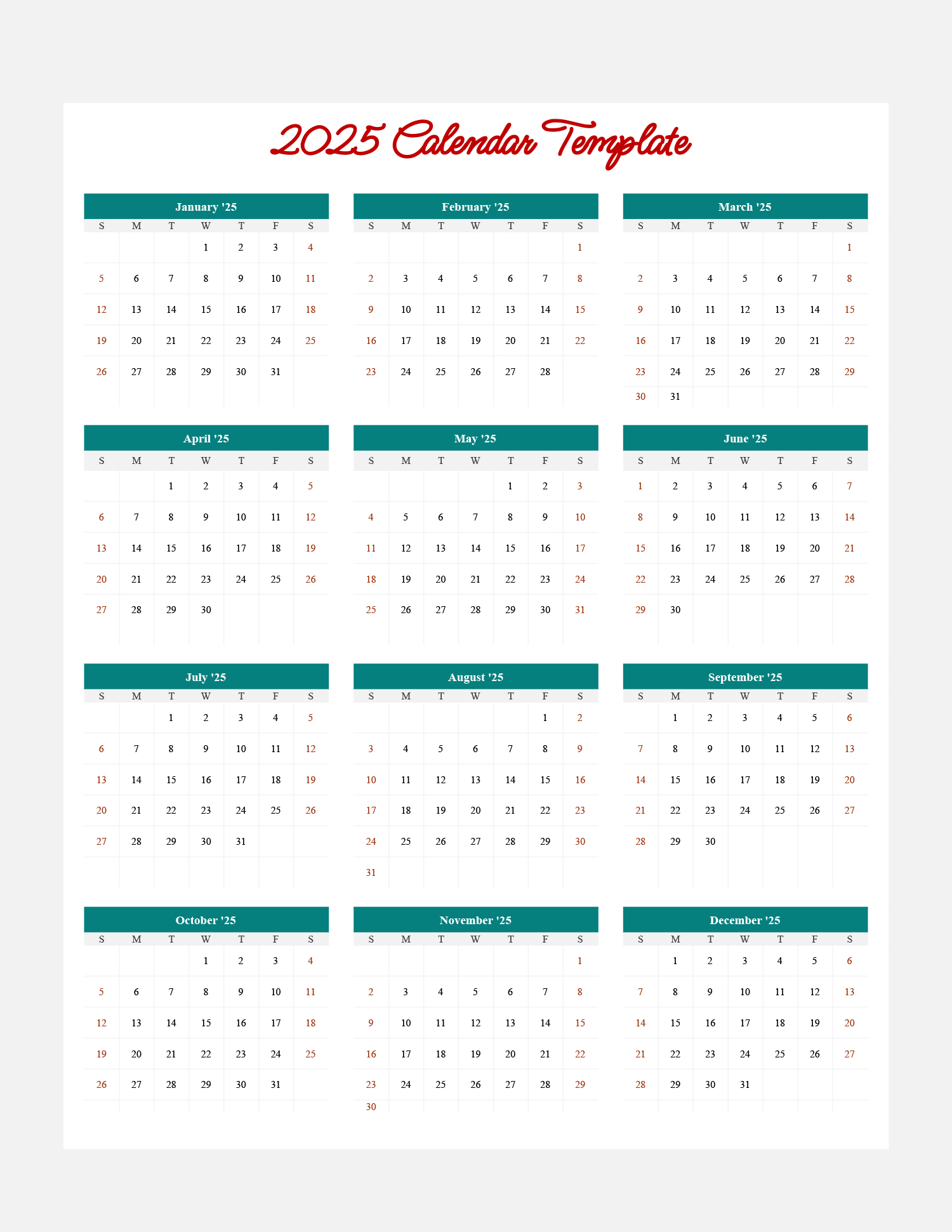 2025 Minimal Calendar Template - Google Sheets - Highfile for Printable Google Calendar 2025