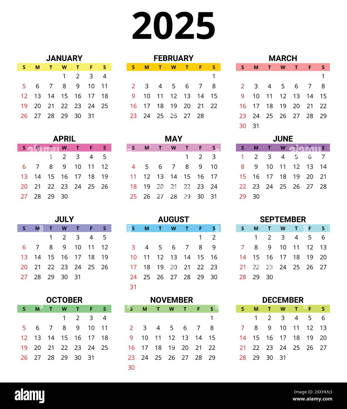 2025 Month Printable Color Calendar. Modern Vector Template inside Printable Color Calendar 2025