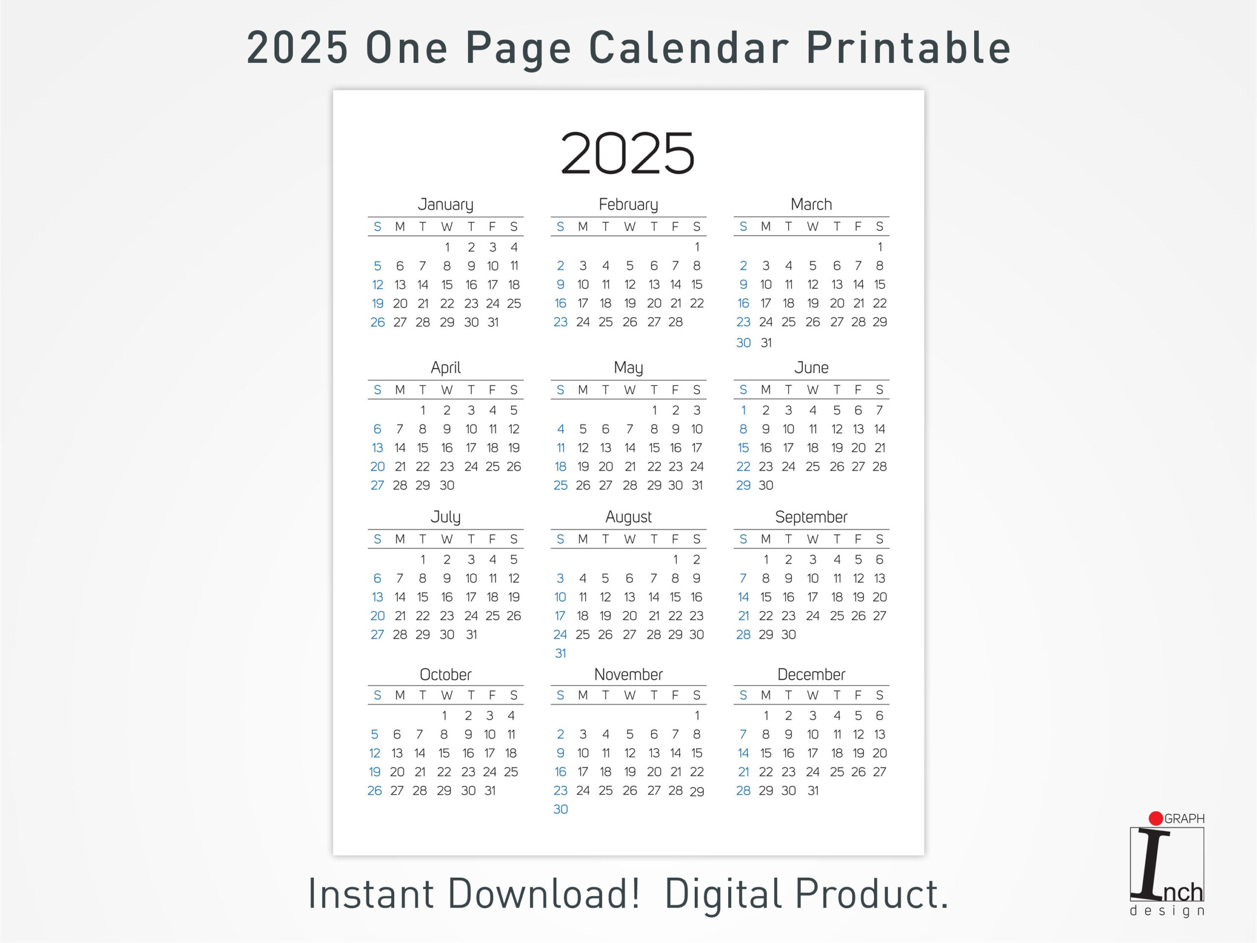 2025 Printable Calendar, 12 Months One Page Calendar, Wall intended for 2025 Calendar Printable 1 Page