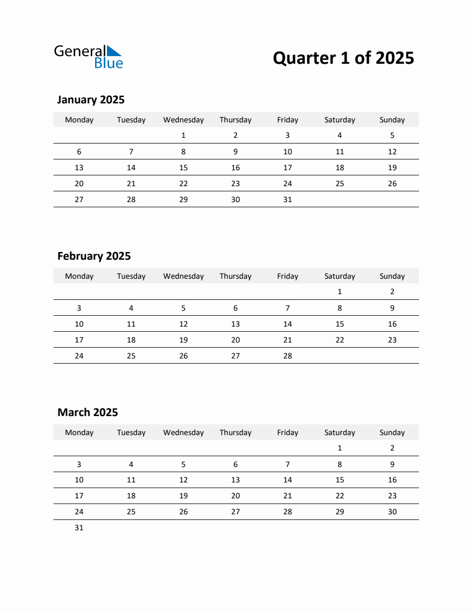 2025 Q1 Three-Month Calendar (January, February, And March) in Printable Calendar 2025 January February March