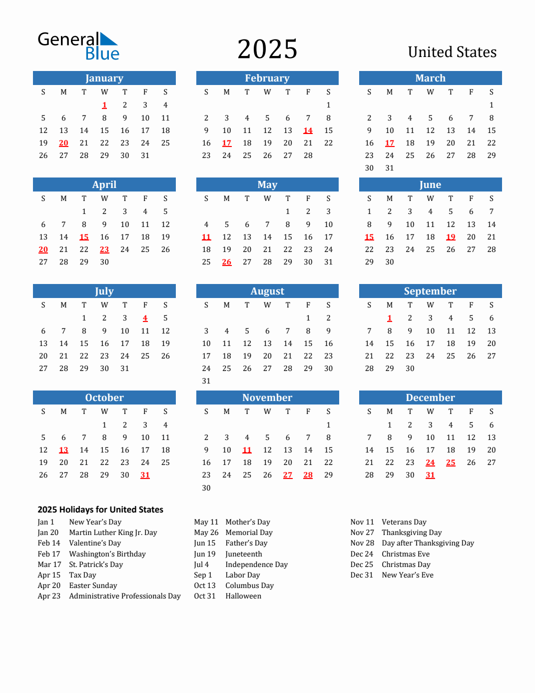 2025 United States Calendar With Holidays for 2025 Calendar Free Printable with Holidays