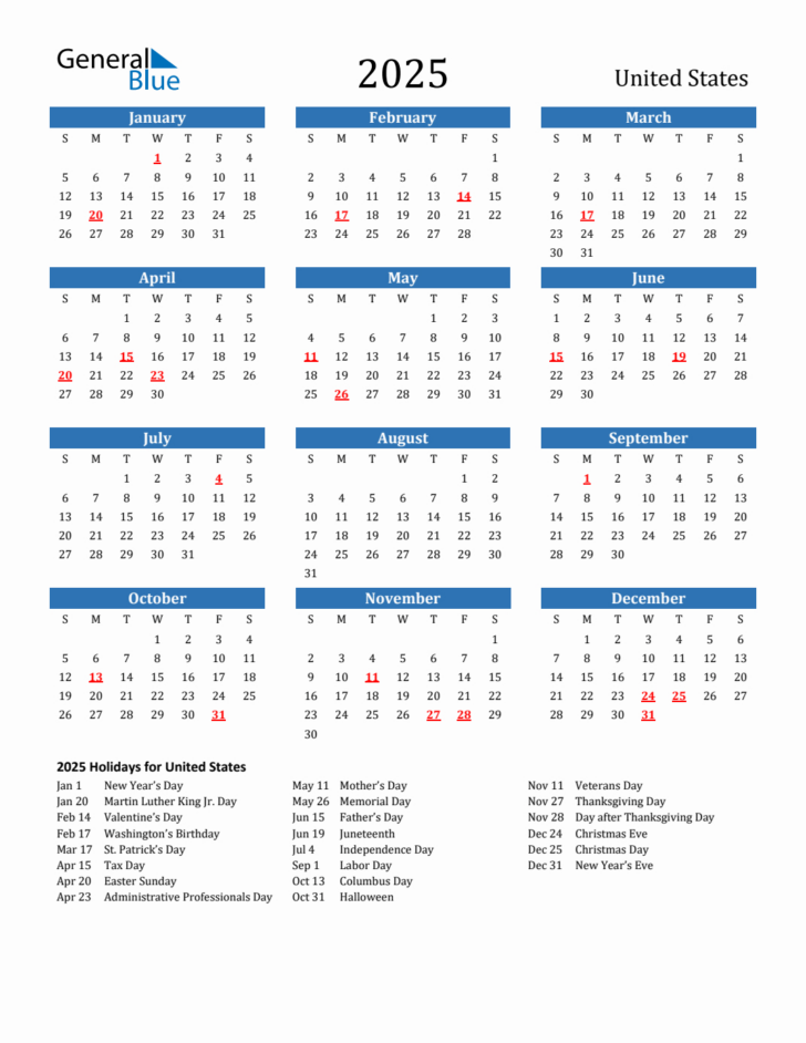 2025 Calendar 2025 with Holidays Printable Free