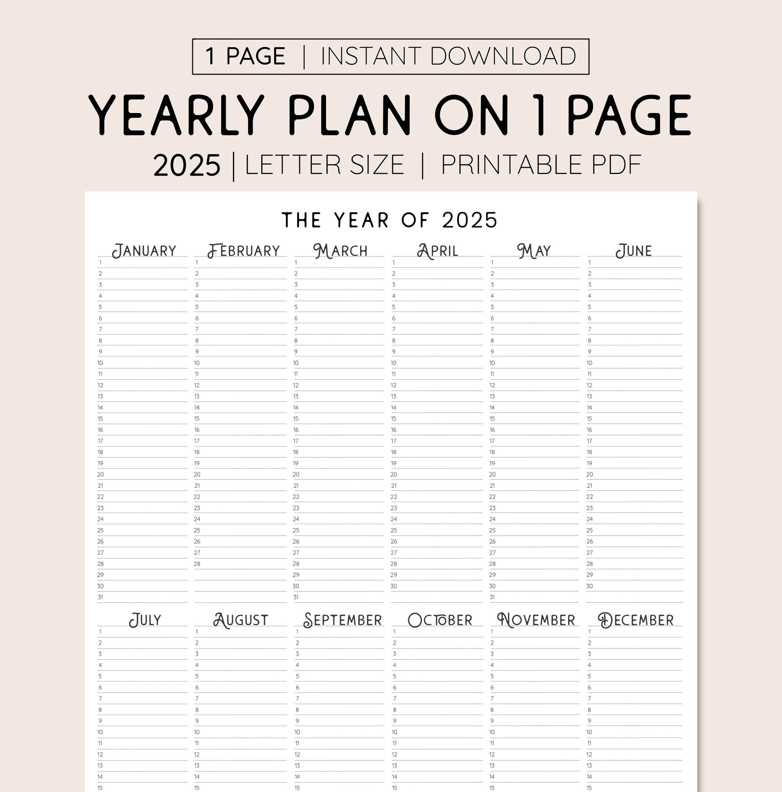 2025 Year At A Glance, Instant Download, Yearly Overview in 2025 Planner Calendar Printable