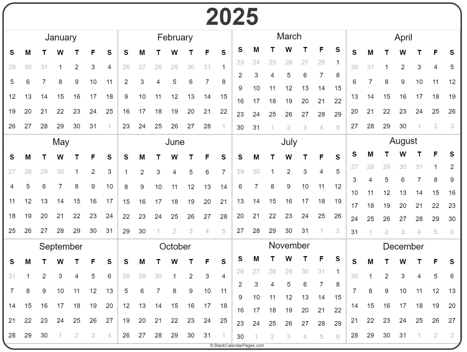 2025 Year Calendar | Yearly Printable for Year Long Calendar 2025 Printable