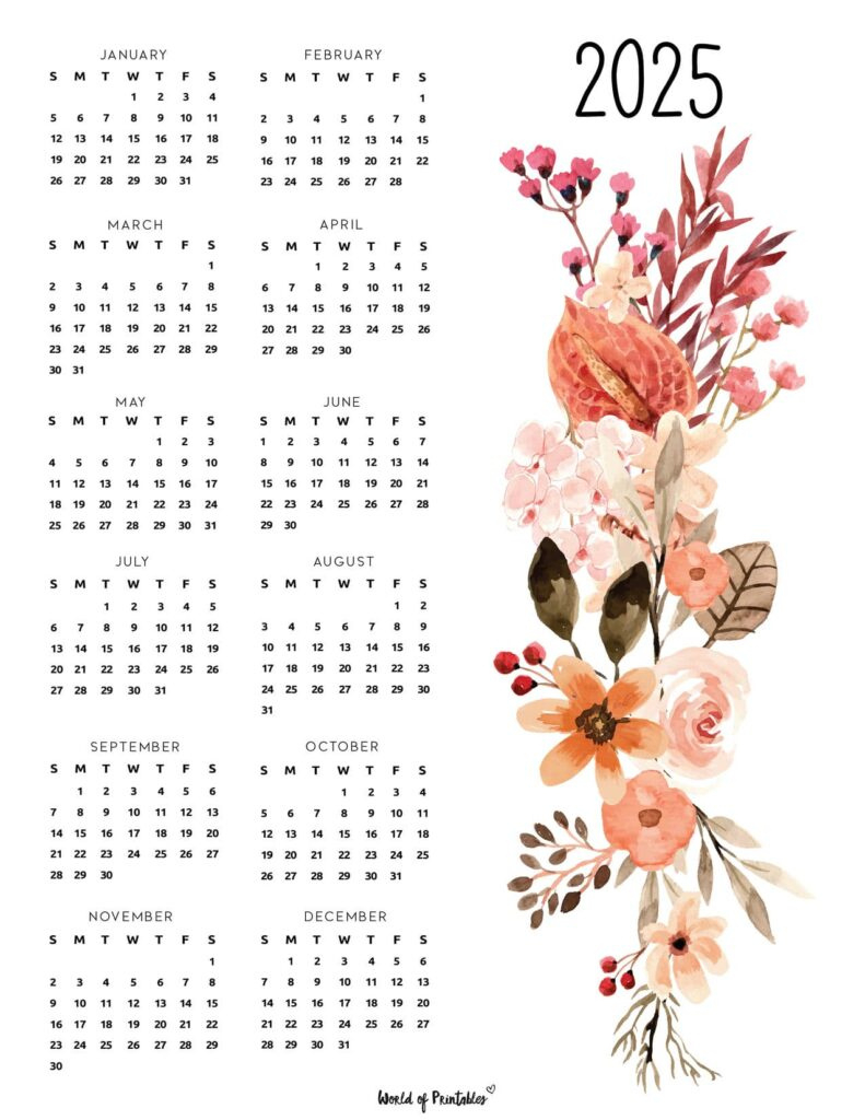 2025 Year Calendars - 70 Best Printables - World Of Printables pertaining to Printable Calendar 2025 Floral