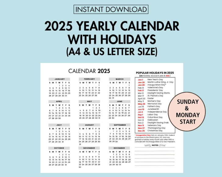 Printable Calendar 2025 Holidays List