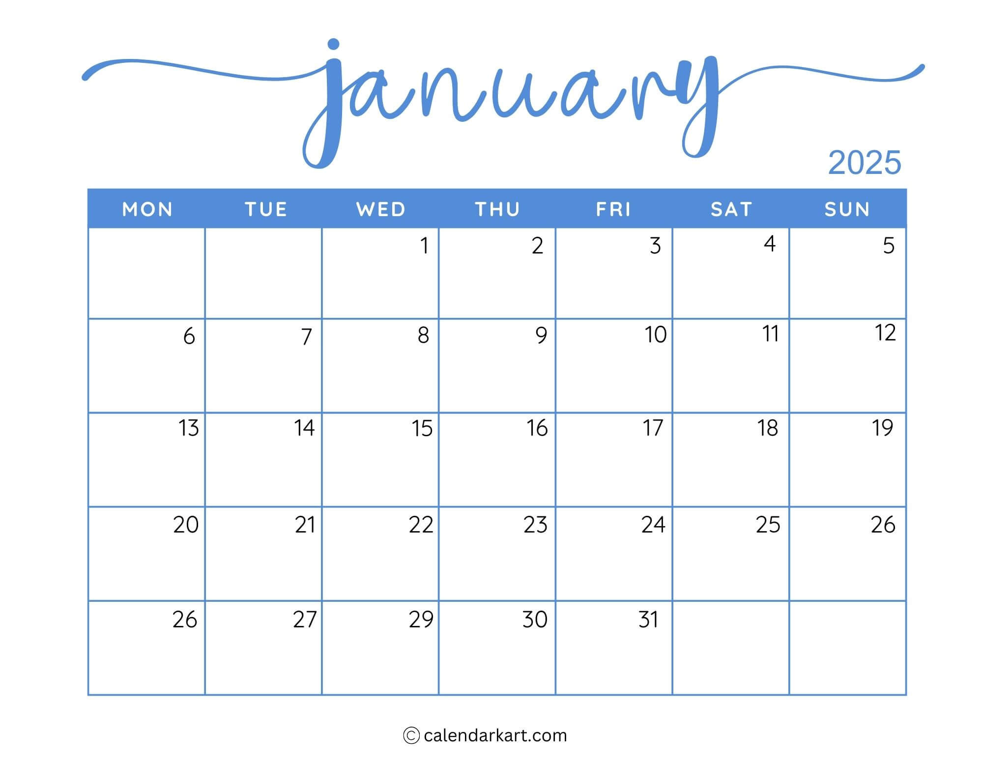 40+ Printable January 2025 Calendars | Free Pdf - Calendarkart for January 2025 Calendar Printable