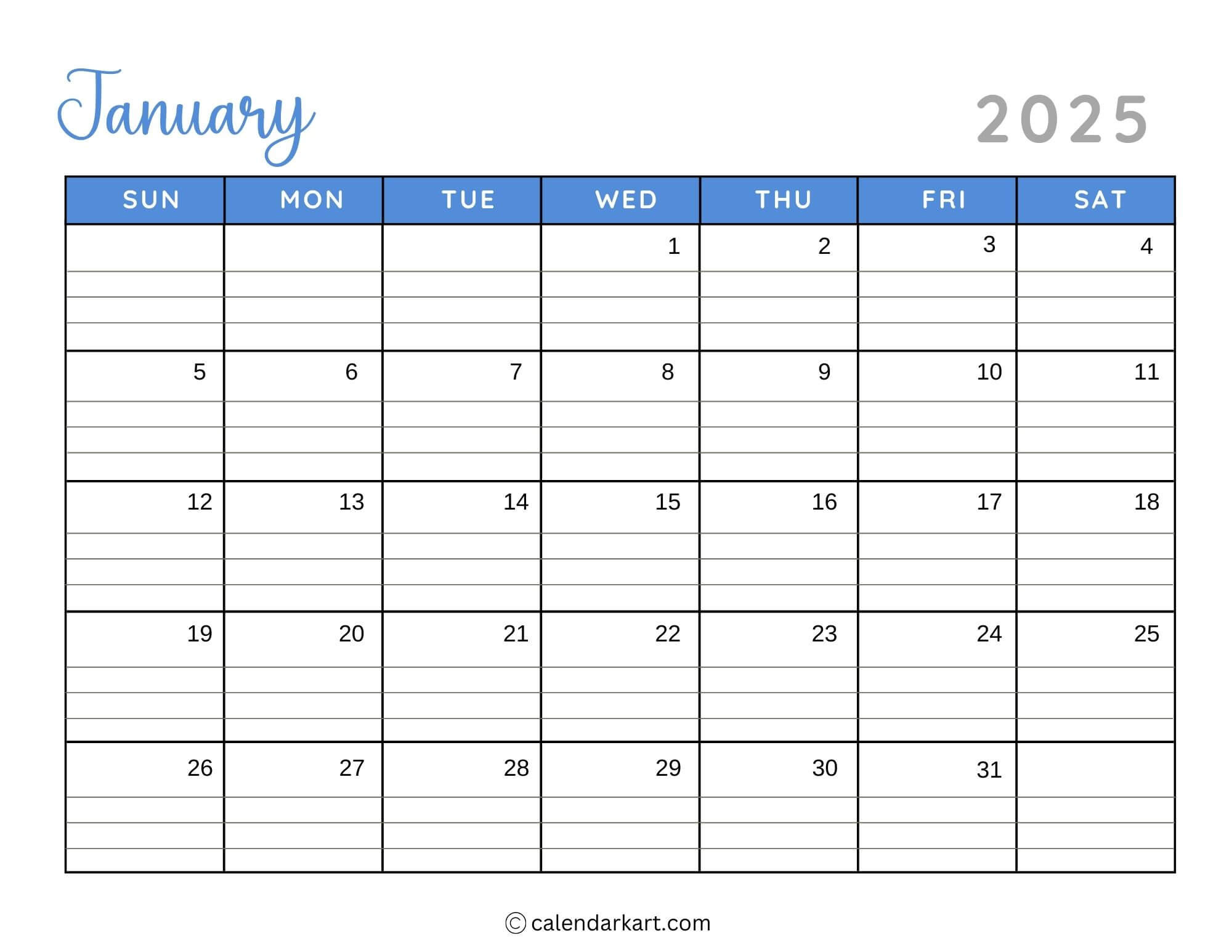 40+ Printable January 2025 Calendars | Free Pdf - Calendarkart in Free Printable Calendar With Lines 2025