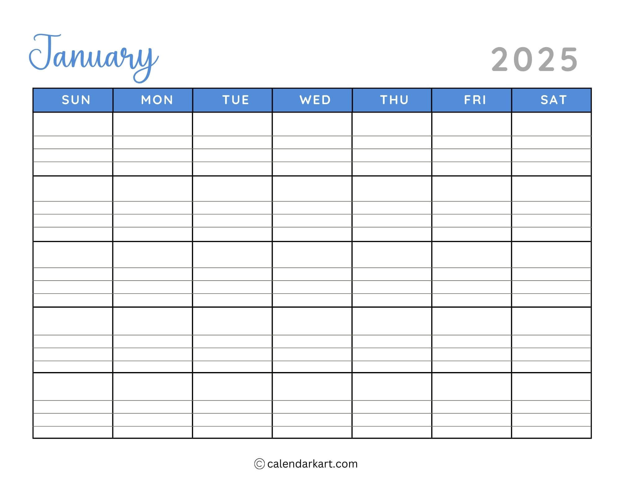 40+ Printable January 2025 Calendars | Free Pdf - Calendarkart throughout 2025 Calendar Printable with Lines